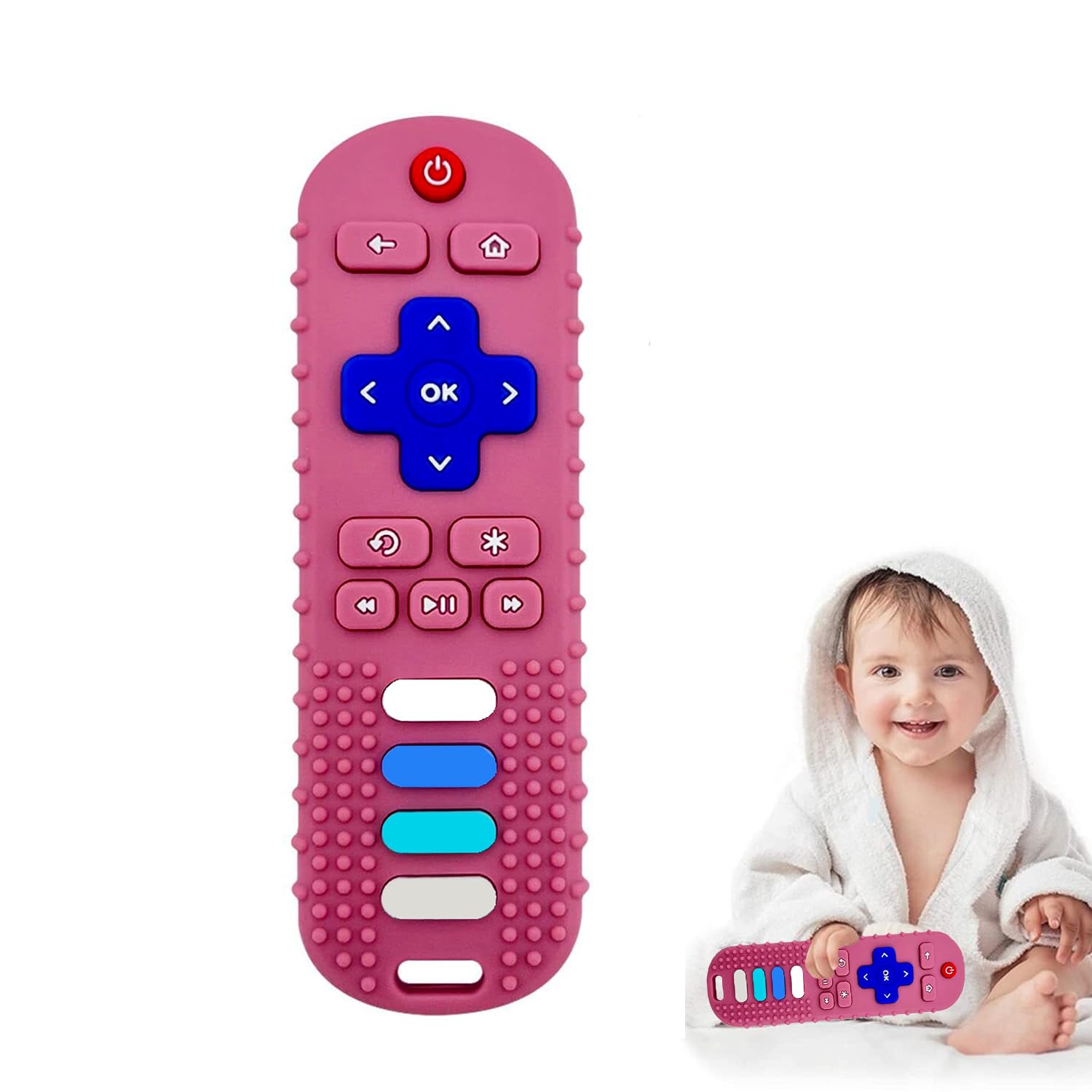 Baby Teether Toy - TV Remote Control Shaped Teething Toy for Infants 3-18 Months | BPA Free, Safe Chew Toy for Soothing Sore Gums | Perfect for Home, Travel & On-the-Go (Pink)