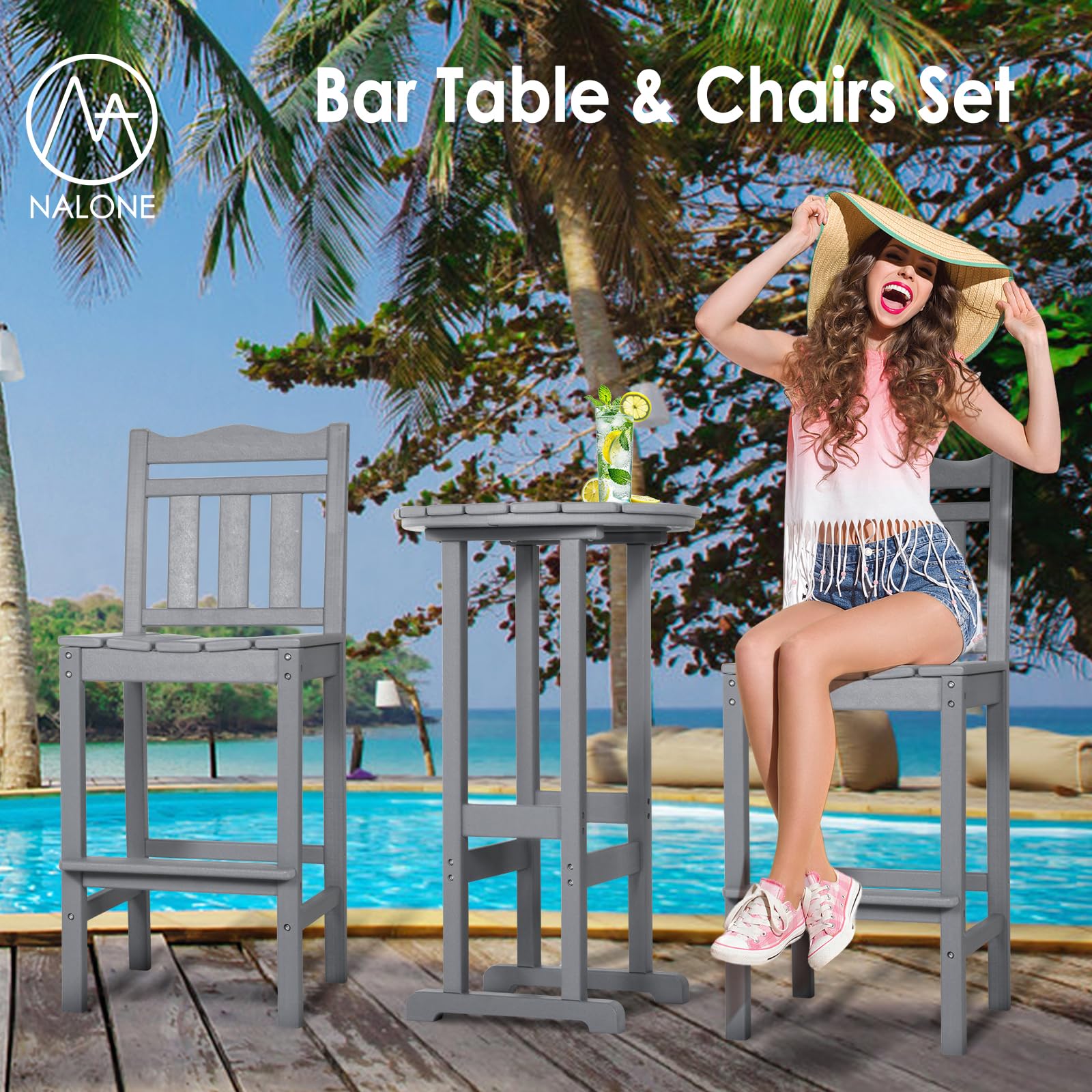 Premium HDPE Outdoor Bar Chairs and Table Set - 3-Piece Adirondack Balcony Furniture for Garden, Yard, Backyard (Grey) - Perfect for Patio Lounging, Poolside Relaxation, and Outdoor Entertaining