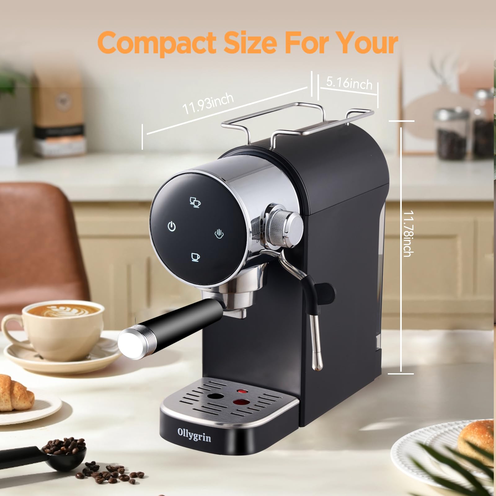 Compact Espresso Machine with LCD Touchscreen - 15Bar Pressure for Rich Crema - Perfect for Home, Office & Small Kitchens - Easy-to-Use Coffee Maker for Espresso & Cappuccino Lovers