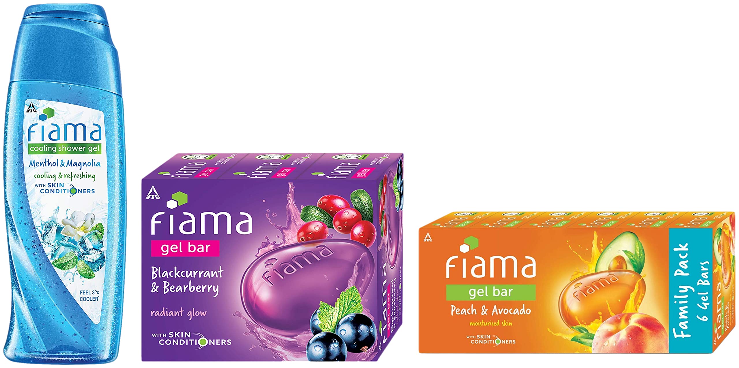 Fiama Cooling Shower Gel with Menthol & Magnolia - Moisturizing Body Wash for Refreshed Skin, 250ml | Fiama Gel Bar Soap Set (6 Count) - Peach & Avocado Scented, 125g Each | Invigorating Shower Experience for Hot Days & Post-Workout Refreshment