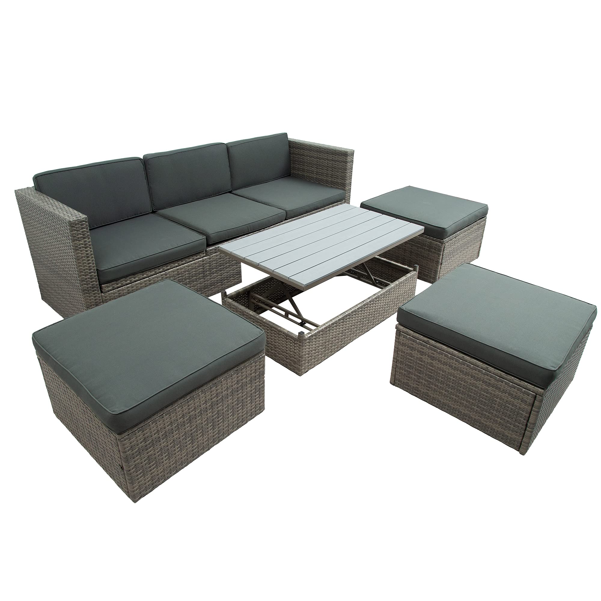5-Piece Wicker Patio Furniture Set - Gray Rattan Sectional Sofa with Adjustable Backrest, Cushions, Ottomans & Lift-Top Coffee Table for Outdoor Garden, Poolside & Backyard Relaxation