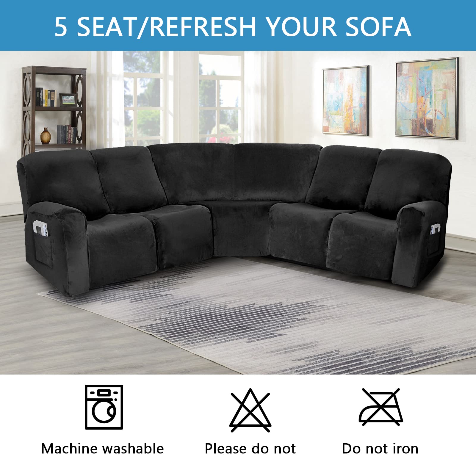 Stretch Velvet Reversible Corner Sofa Cover - 5-Seat Sectional Couch Protector for Living Room, Black | Waterproof & Anti-Slip Slipcover for Recliner, L-Shaped Sofa | Perfect for Pets, Kids & Home Decor