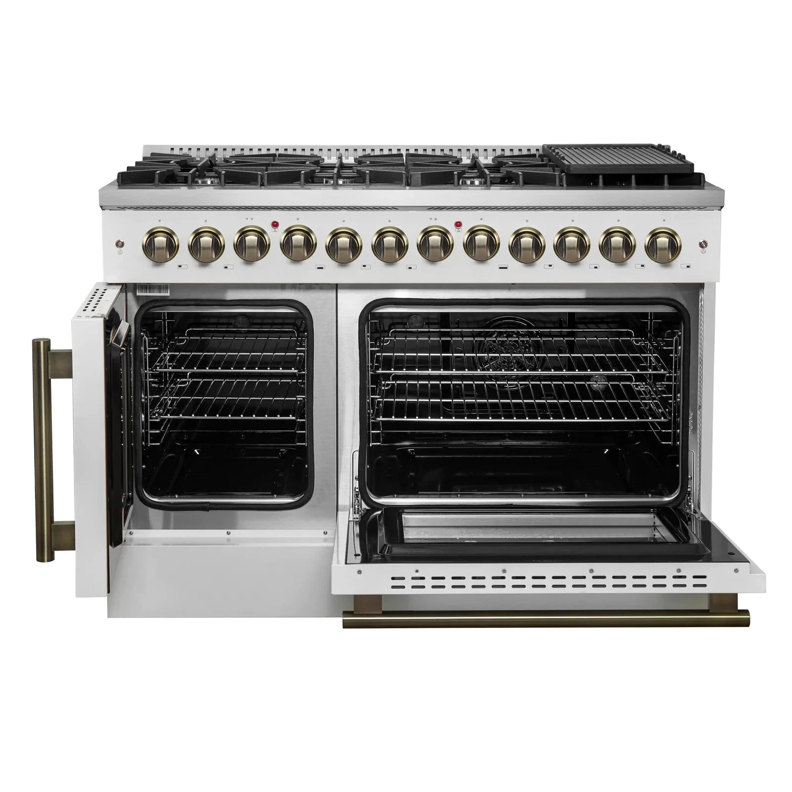 Forno Galiano 48-Inch French Door Dual Fuel Range - 8 Burner Gas Cooktop with Electric Convection Oven - White Antique Brass Trim (Model FFSGS6356 48WHT) - Perfect for Gourmet Kitchens & Professional Chefs