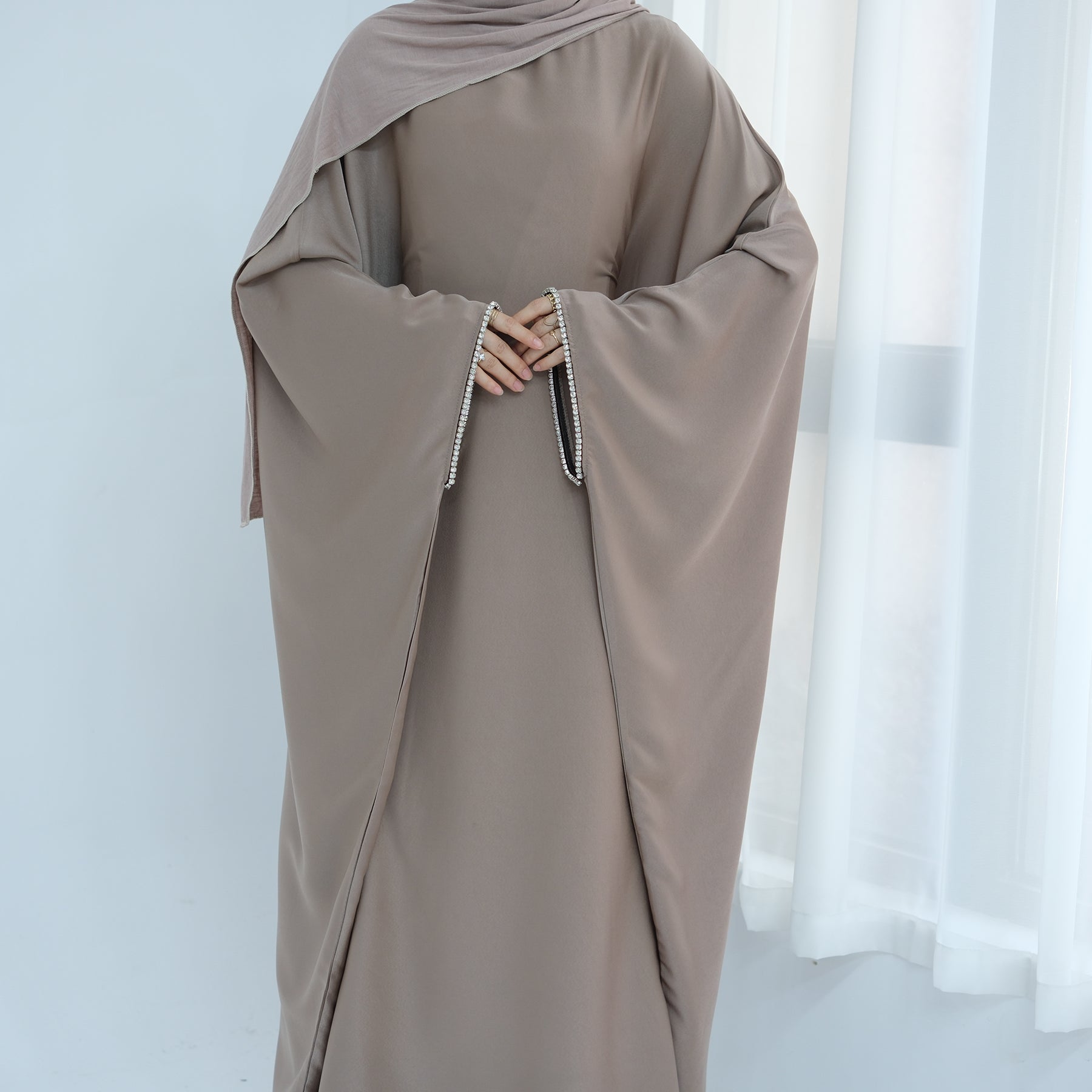 Davina Butterfly Satin Abaya - Elegant Muslim Prayer Dress for Women in Taupe | Perfect for Eid, Ramadan, and Special Occasions