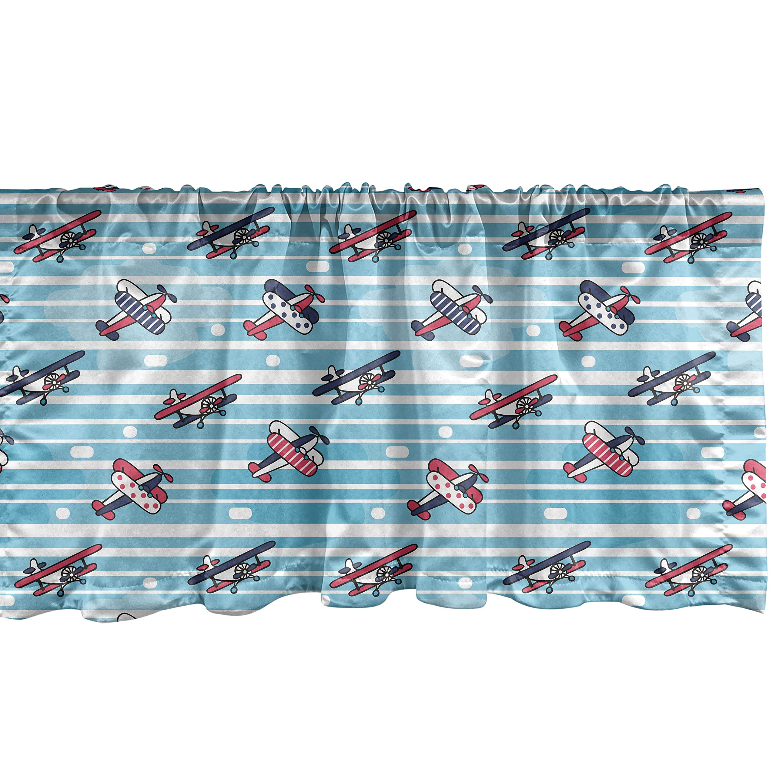 Ambesonne Vintage Airplane Window Valance - Retro Colorful Propeller Planes Striped Curtain Valance with Rod Pocket, 54x12 Inches, Sea Blue Ruby - Perfect for Kitchen & Bedroom Decor, Airplane Themed Nursery or Aviation Enthusiast's Home