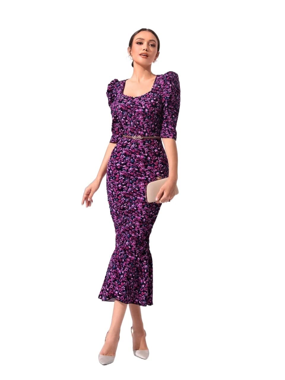 2022 Women's Summer Floral Print Puff Sleeve Mermaid Hem Dress - Elegant Belt-Free Design for Beach Vacations, Garden Parties & Date Nights