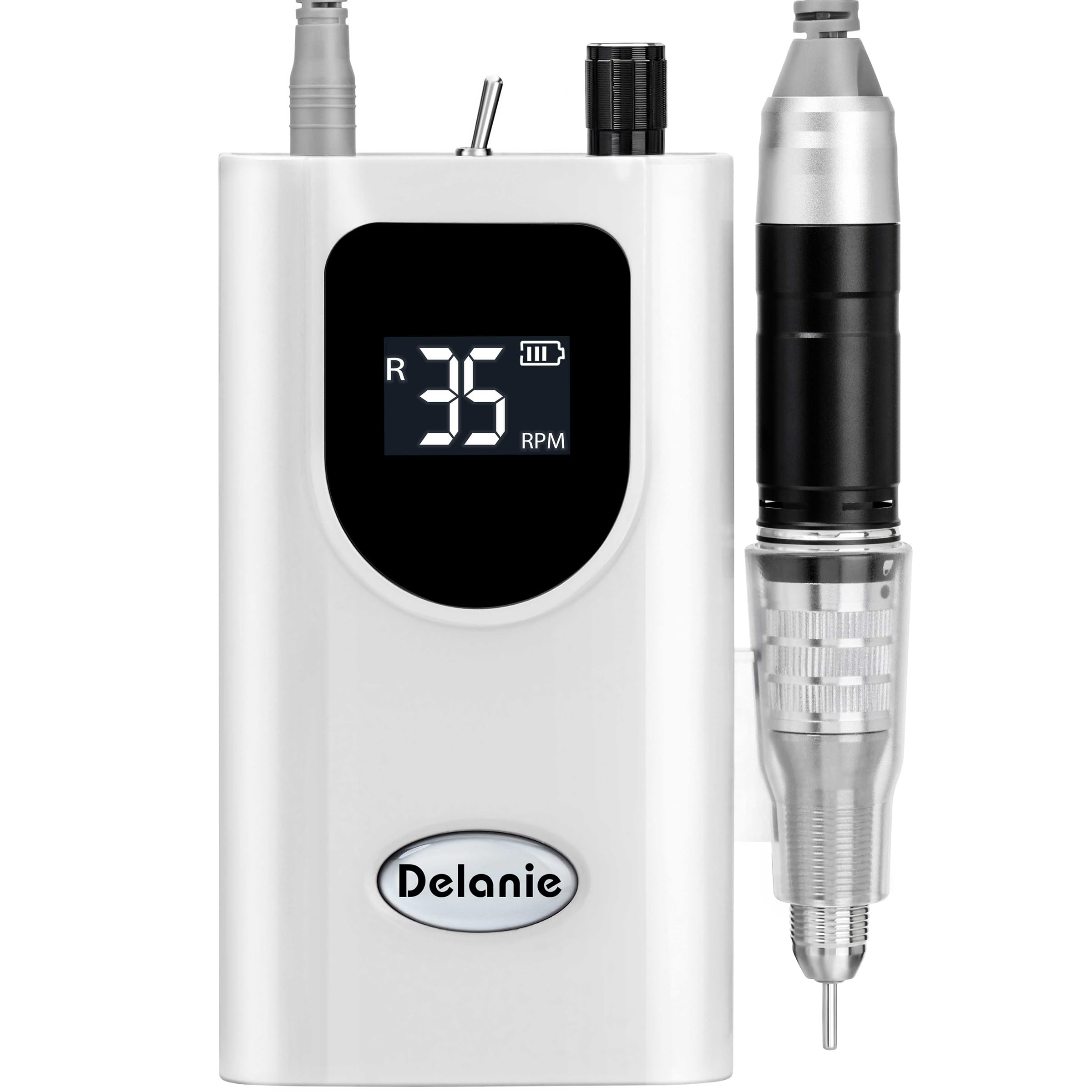 Delanie Professional Portable Electric Nail Drill Machine - 35000 RPM Rechargeable Cordless Nail Filer for Acrylic, Gel & Dip Powder Nails | Salon & Home Manicure Tool | Perfect for DIY Nail Art & Professional Use (White)