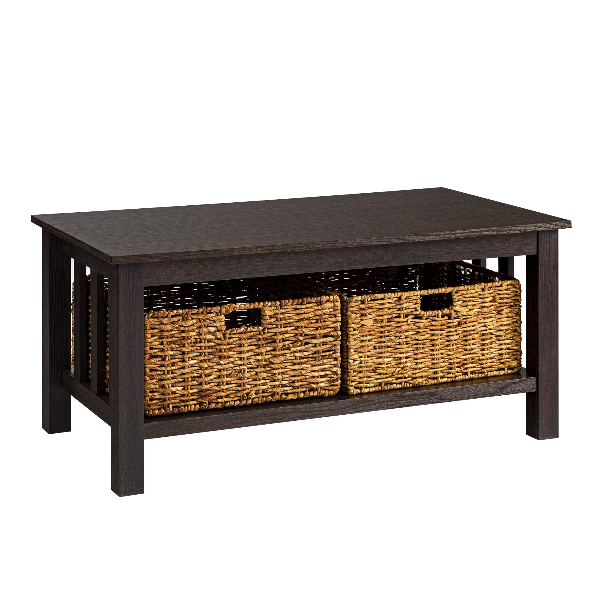 Walker Edison Alayna Mission Style Two-Tier Coffee Table with Rattan Storage Baskets - 40 Inch Espresso Finish - Perfect for Living Room, Lounge & Home Decor