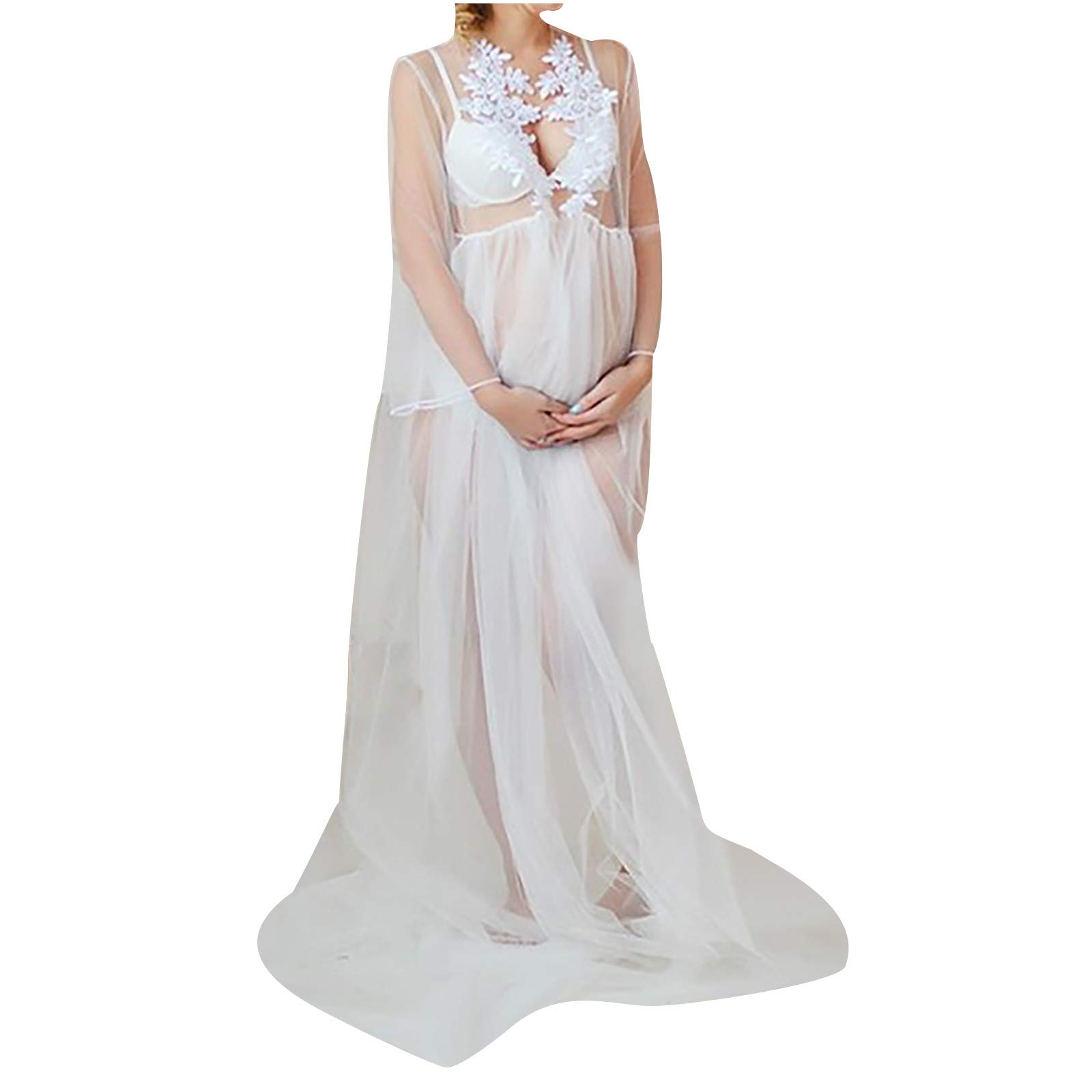 Elegant White Maternity Dress for Photoshoot - Flowy Pregnancy Photo Shoot Gown with Lace Applique Details - Perfect for Maternity Photography, Baby Shower & Special Occasions