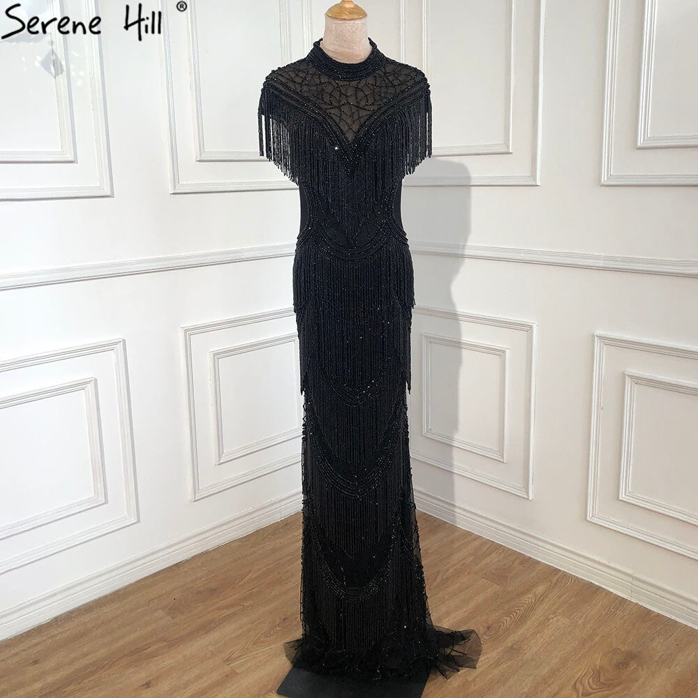 Elegant Grey Mermaid Evening Gown with Cap Sleeves & Beaded Tassel Details - Women's Luxury Party Dress for Prom, Gala & Special Occasions - Serene Hill Collection LA70529