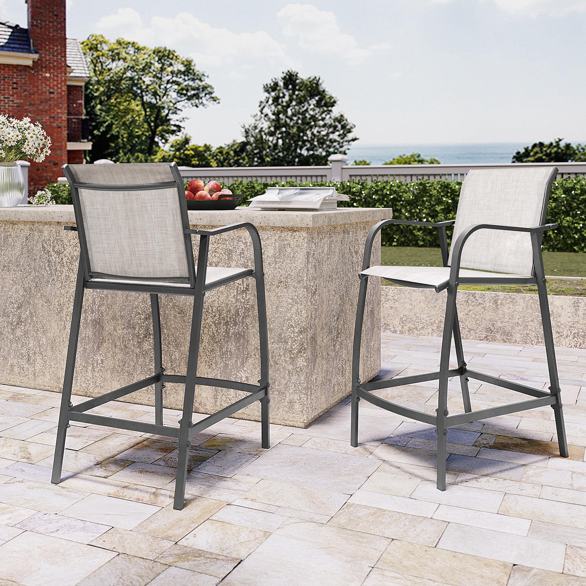 Outdoor Metal Bar Stools Set of 2 - Counter Height Patio Chairs with Textilene Seat, Armrest & Footrest - Light Grey Steel Bar Stools for Backyard, Deck, Poolside & Outdoor Entertaining