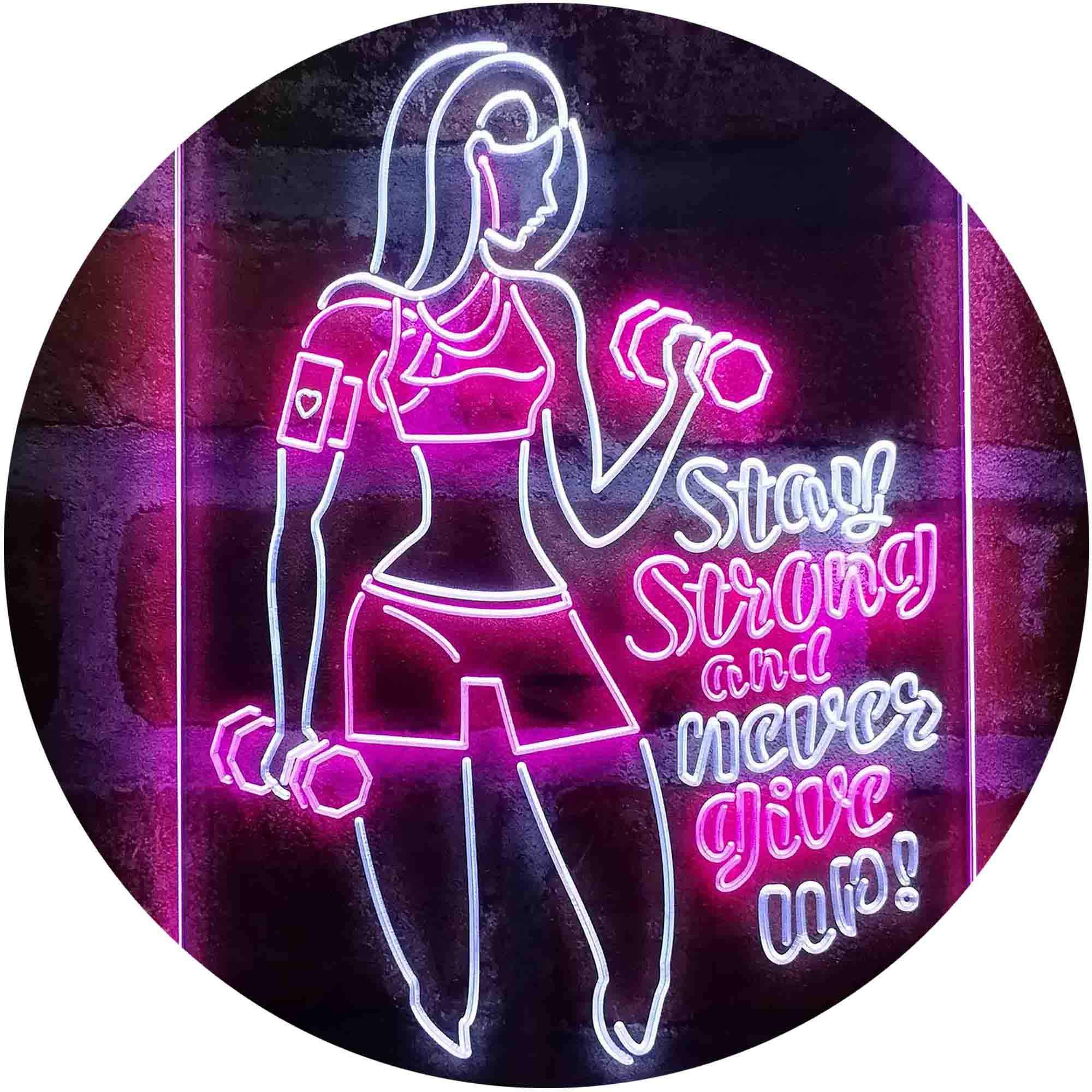 ADVPRO Fitness Club Gym LED Neon Sign - Motivational 'Stay Strong Never Give Up' Wall Art (16x24 Inches, White & Purple) - Perfect for Home Gym, CrossFit Studio & Fitness Center Decor