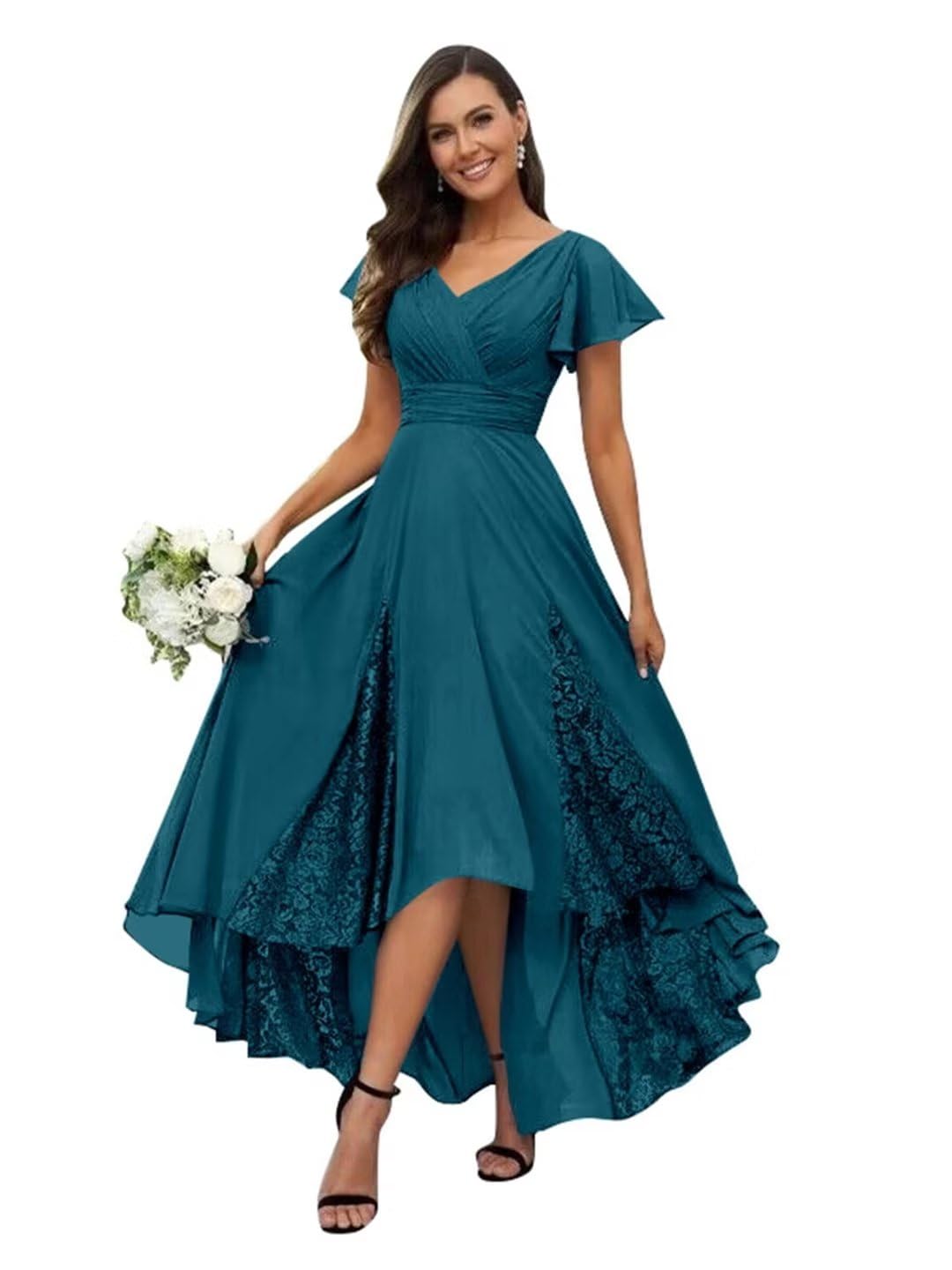 Elegant Tea-Length Mother of the Bride Dress - Lace & Chiffon Sleeved Wedding Guest Gown for Formal Occasions, Church Ceremonies & Special Events