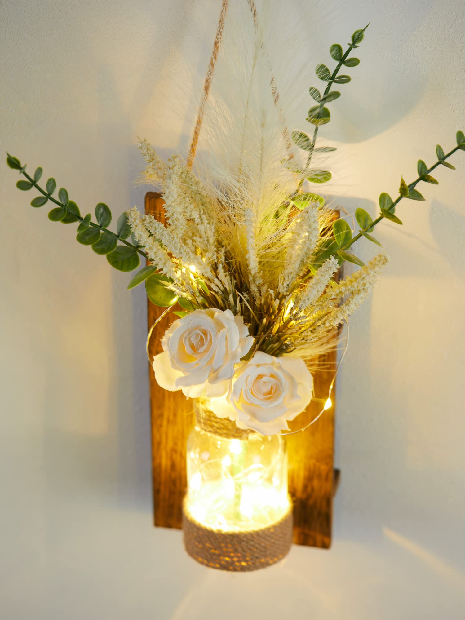 2-Pack Rustic Mason Jar Sconce Wall Decor with Remote Control LED Fairy Lights & Artificial White Roses - Farmhouse Spring Decor for Bedroom, Living Room, Wedding, Party | Home Lighting Decorations