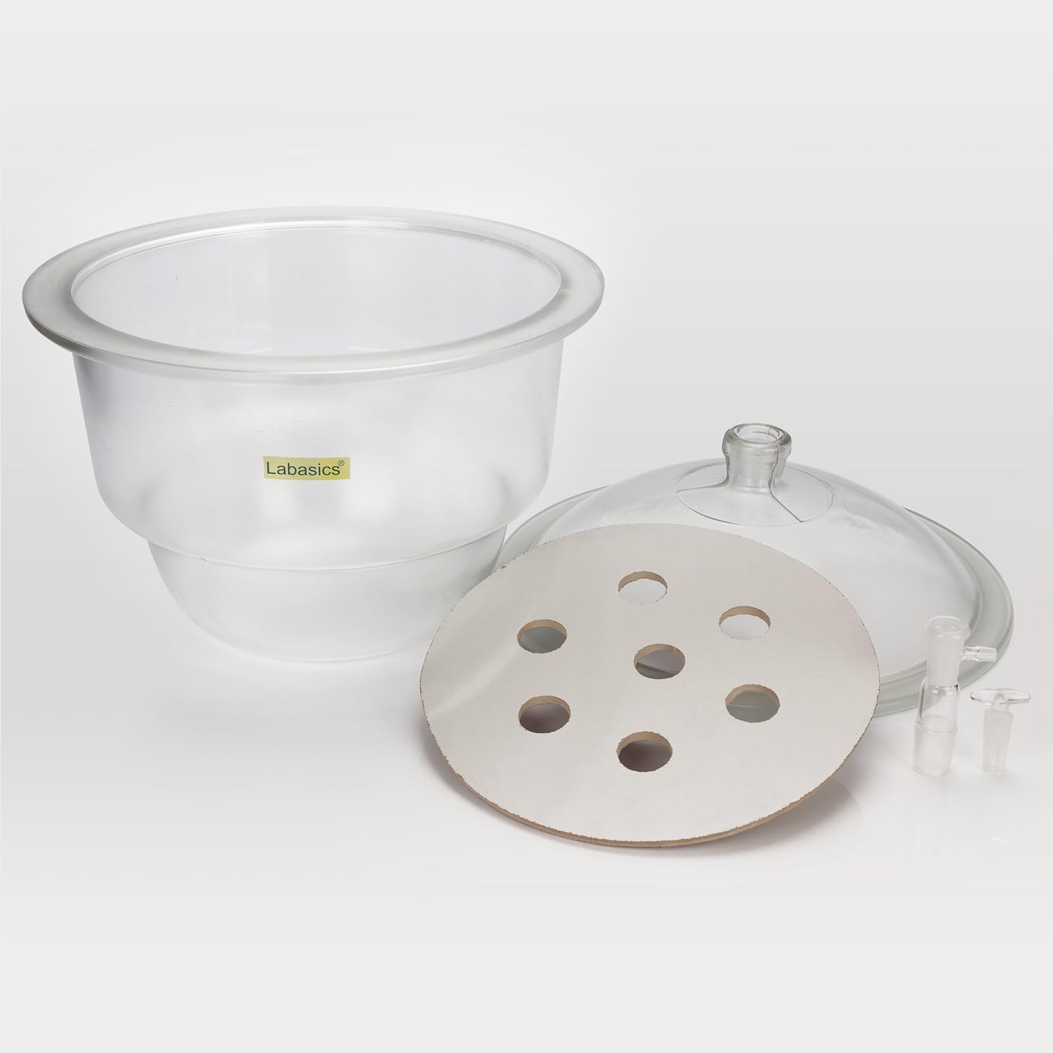 Labasics 11.8 Inch Glass Vacuum Desiccator with Porcelain Plate - Scientific Lab Equipment for Moisture-Sensitive Experiments, Chemical Storage & Research Applications