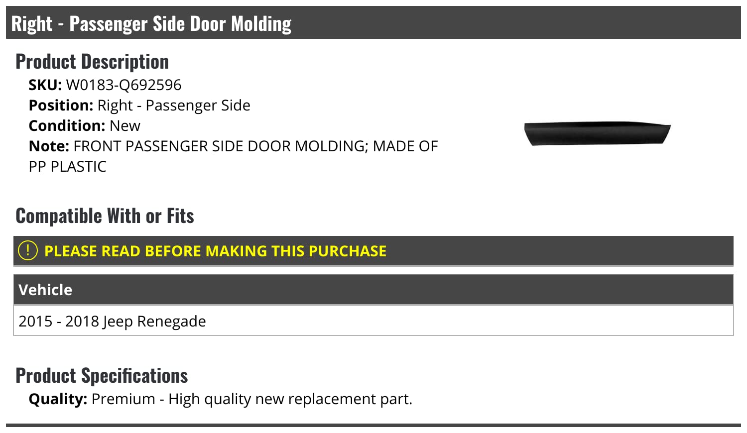 2015-2018 Jeep Renegade Right Passenger Side Door Molding Replacement Part - Perfect Fit & Durable Exterior Trim for Off-Road Adventures & Daily Commutes