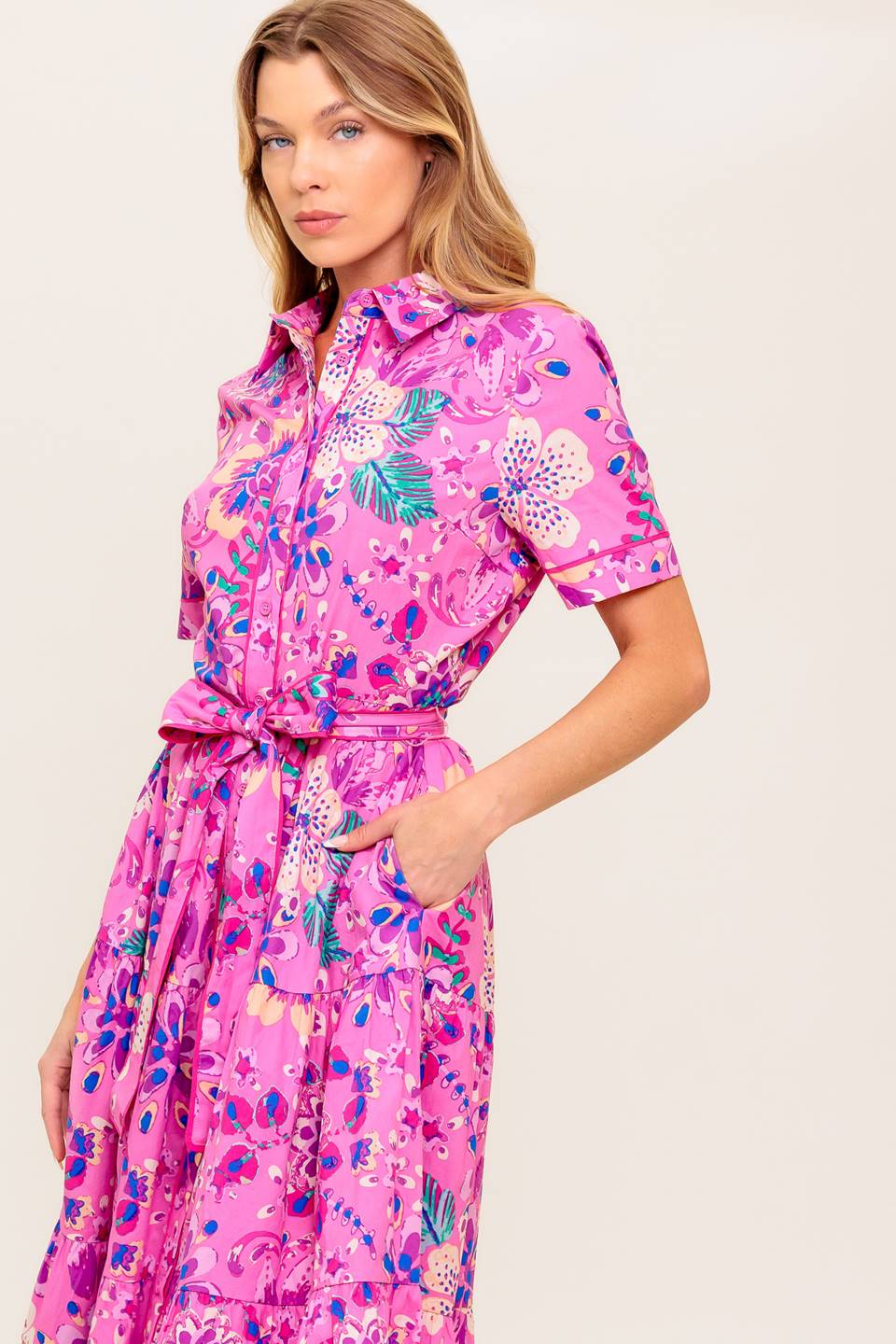 Pink & Purple Floral Midi Dress for Women - Elegant Petal Press Design - Perfect for Spring, Summer, Weddings & Special Occasions