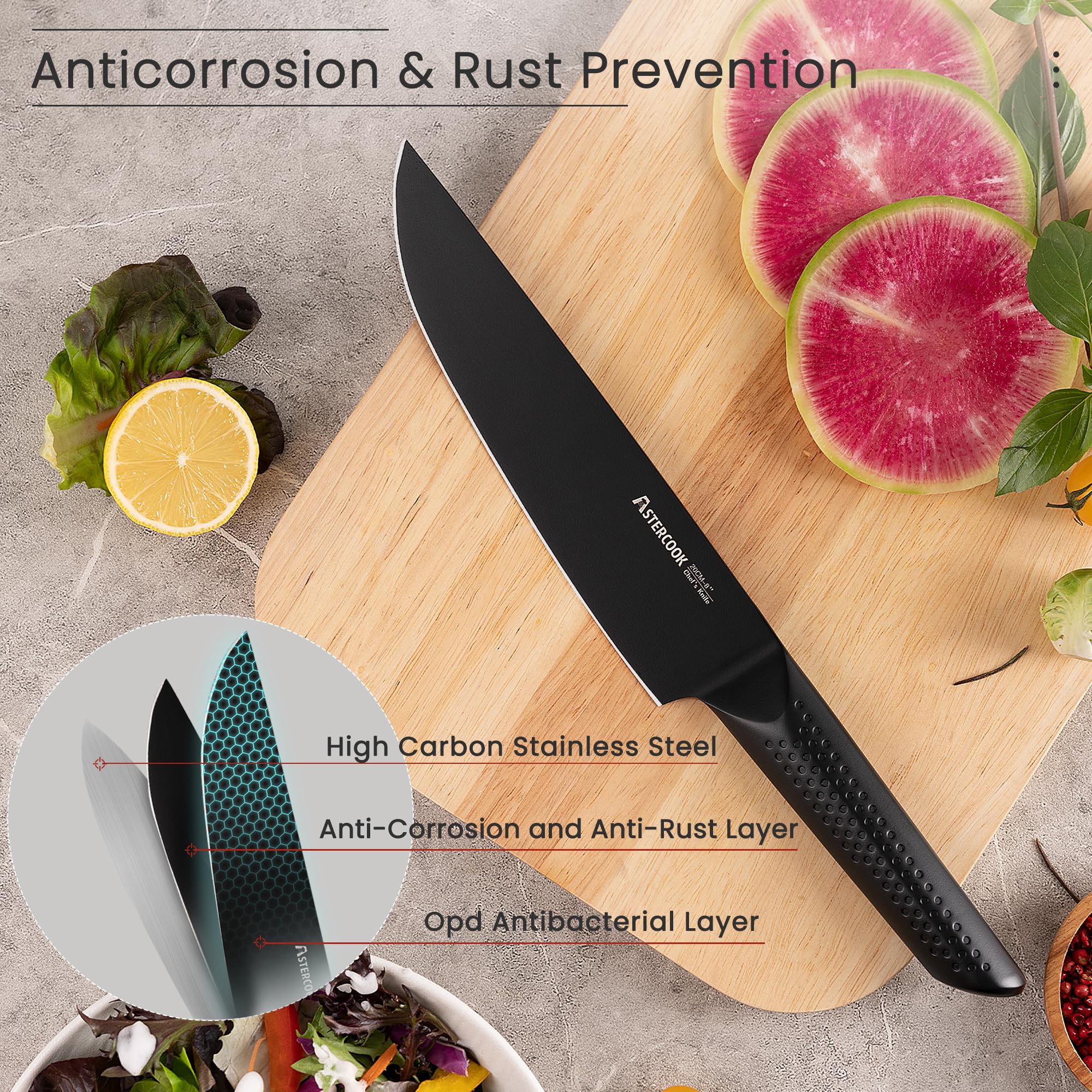 Astercook 21-Piece German Stainless Steel Chef Knife Set with Wooden Block - Professional Kitchen Knives for Cooking, Slicing & Chopping - Dishwasher Safe Black Knife Set for Home Chefs & Culinary Enthusiasts