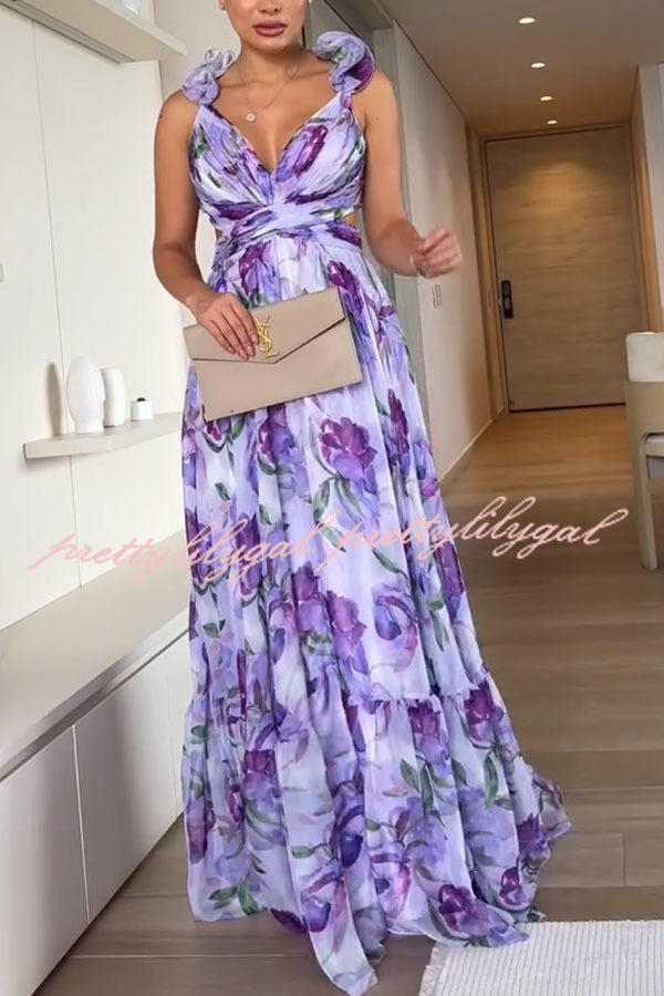 Whimsy Grace Tulle Floral Ruffle Detail Back Lace Up Pleated Maxi Dress - Elegant Wedding Guest & Special Occasion Formal Gown for Women
