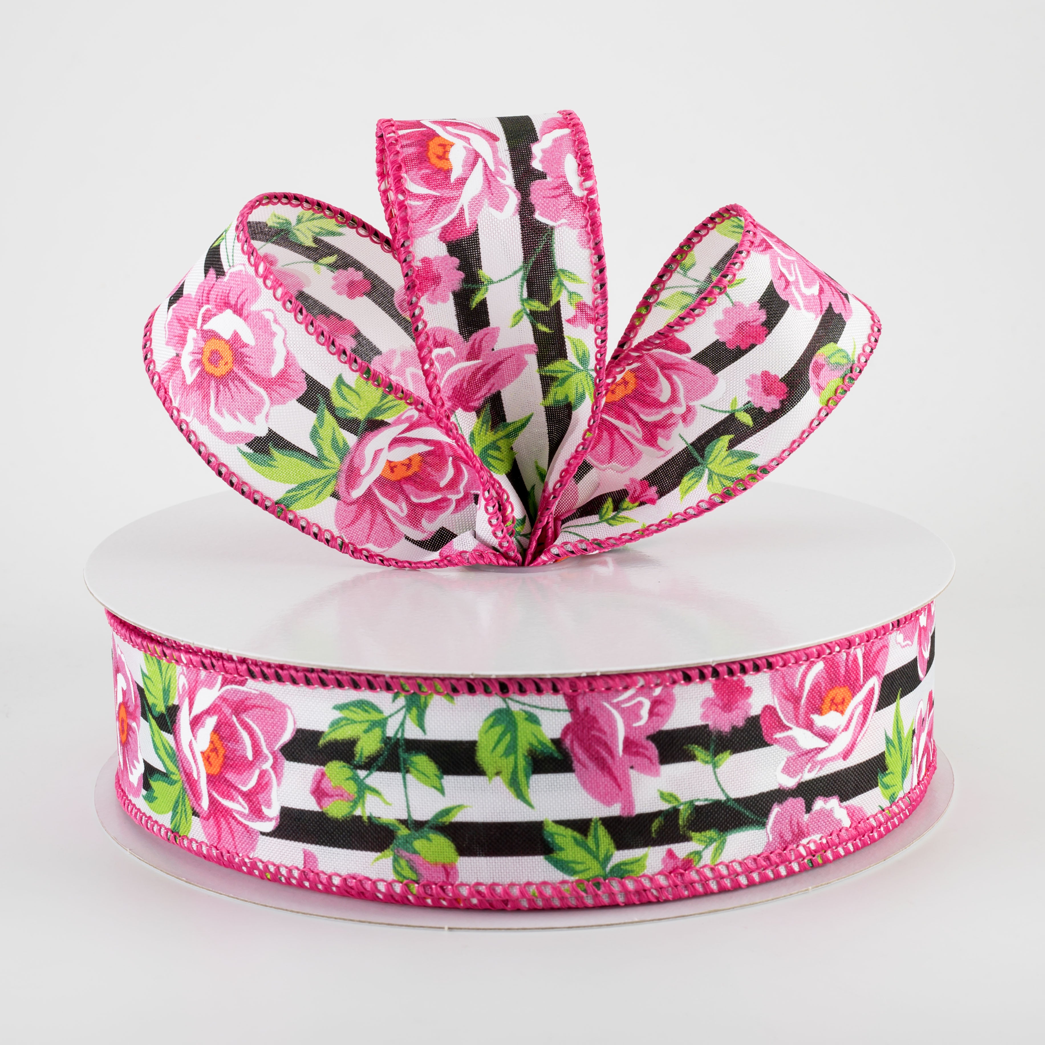 1.5 Inch Fuchsia Pink Peonies Floral Ribbon on Black & White Cabana Stripe - 50 Yards Bulk Roll for Gift Wrapping, Wedding Decor, DIY Crafts & Party Supplies