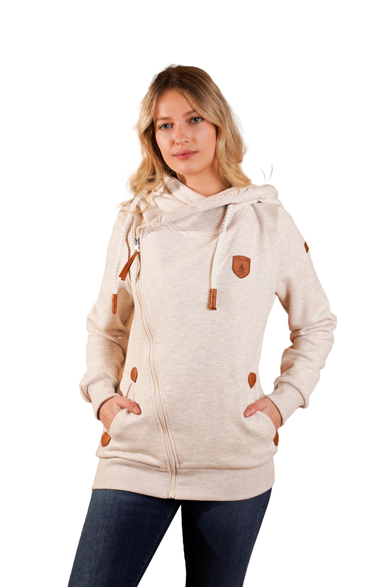 Wanakome Women's Athena Heather Oatmeal Hoodie - Side Zip Terry Sweatshirt | Cozy Pullover for Casual Wear, Lounge & Outdoor Activities