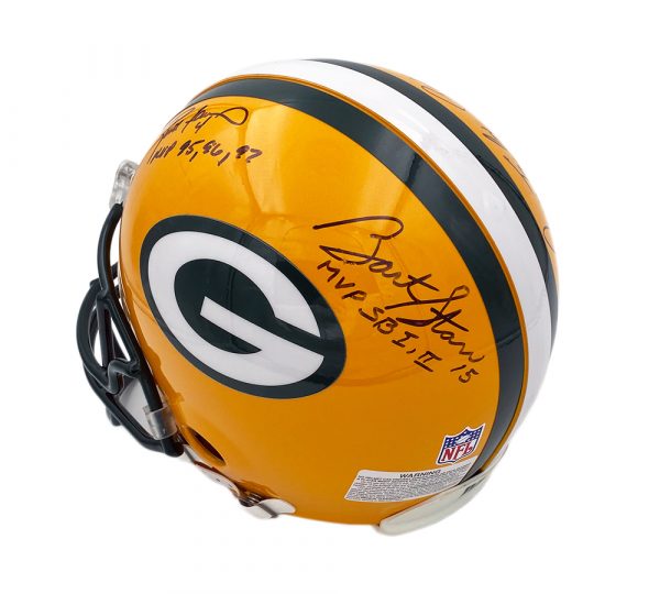 Authentic Signed Green Bay Packers NFL Helmet - Favre, Starr, Taylor & Hornung MVPs with 4 Inscriptions - Perfect for Sports Memorabilia Collectors & Packers Fans Display
