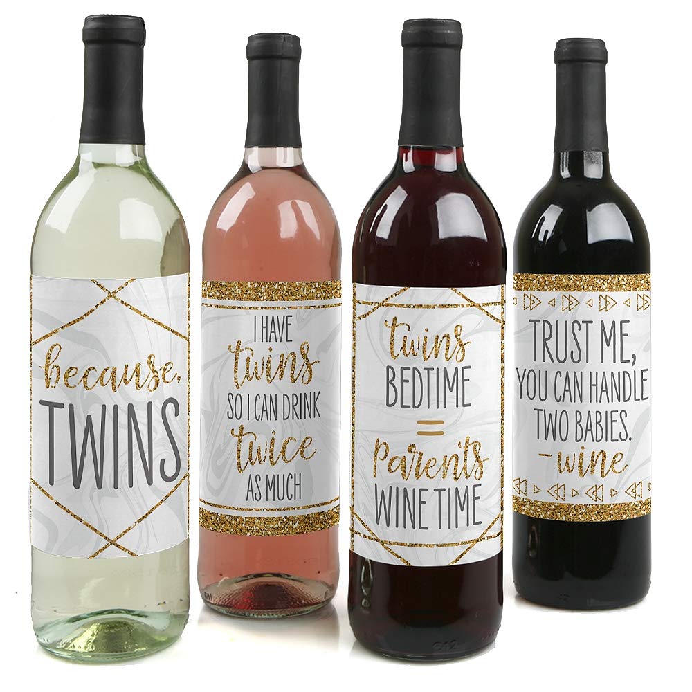 Big Dot of Happiness It's Twins - Gold Baby Shower Decorations for Women & Men - 4-Pack Wine Bottle Label Stickers | Perfect for Gender Reveal Parties & Newborn Celebrations