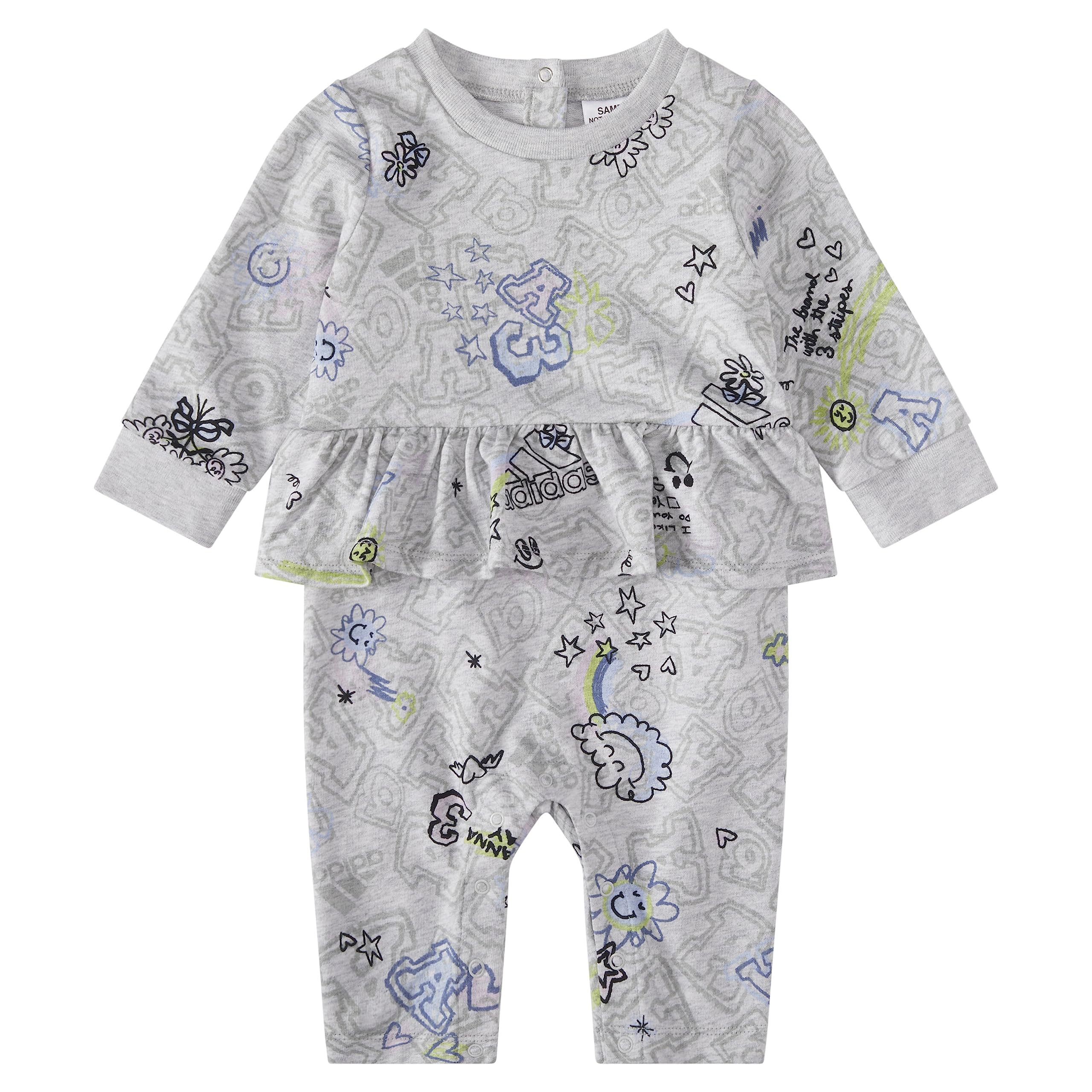 Adidas Baby Girls Long Sleeve Printed Flounced Coverall - Cute & Comfortable Romper for Infants & Toddlers - Perfect for Playdates, Family Outings & Photo Shoots