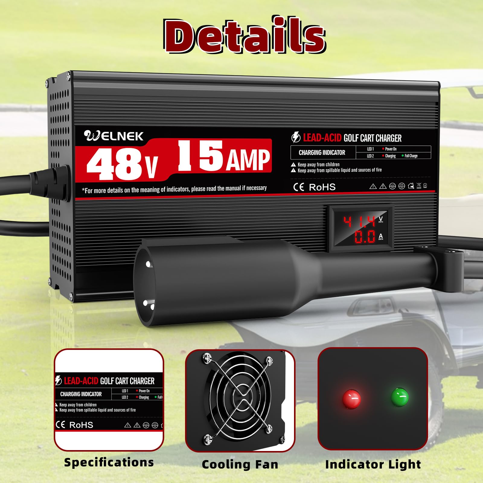 48V 15A Golf Cart Battery Charger for Club Car Precedent & DS - 900W 48 Volt Trickle Charger with 3-Pin Circle Plug | Fast 4-6 Hour Full Charge for Lead Acid Batteries | Perfect for Golf Courses, Resorts & Home Use