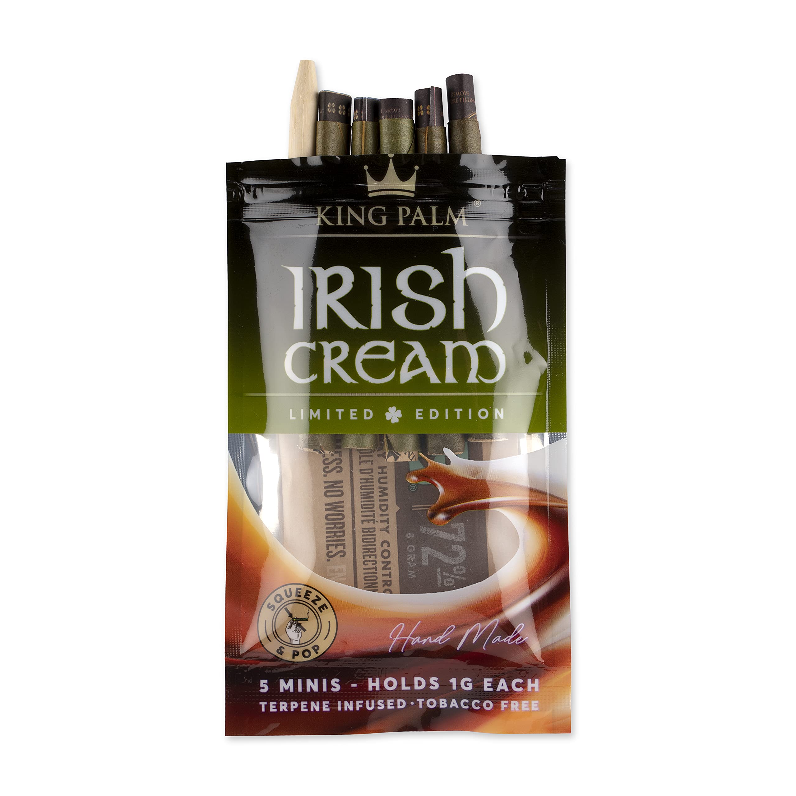 King Palm Flavors Mini Size Cones - 5 Rolls (15 Packs) - Terpene Infused Organic Pre-Rolled Cones - Squeeze & Pop Design - Irish Cream Flavor - Perfect for Relaxation & Social Gatherings
