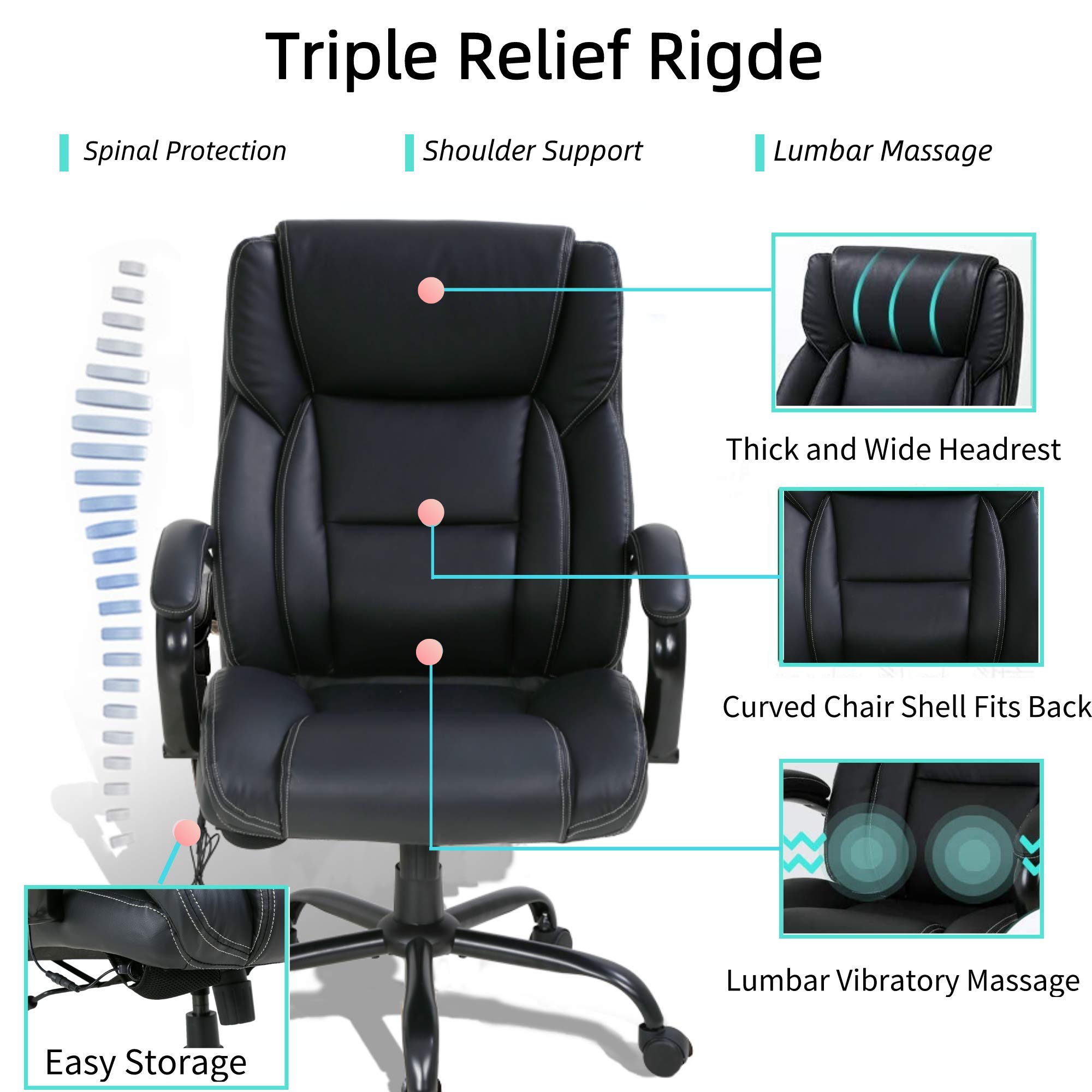 Big and Tall Office Chair 500lbs - Ergonomic PU Leather Executive Chair with Massage Lumbar Support, Thick Padding & Adjustable Headrest - High Back Computer Desk Chair for Home Office - Perfect for Long Work Hours and Heavy Users