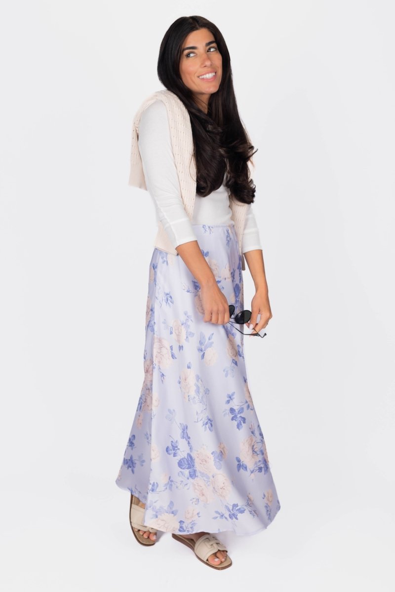 DAKOTA SKIRT - Blue Floral Print Women's Midi Skirt | Casual & Boho Style for Summer Outfits, Beach Wear, and Everyday Fashion