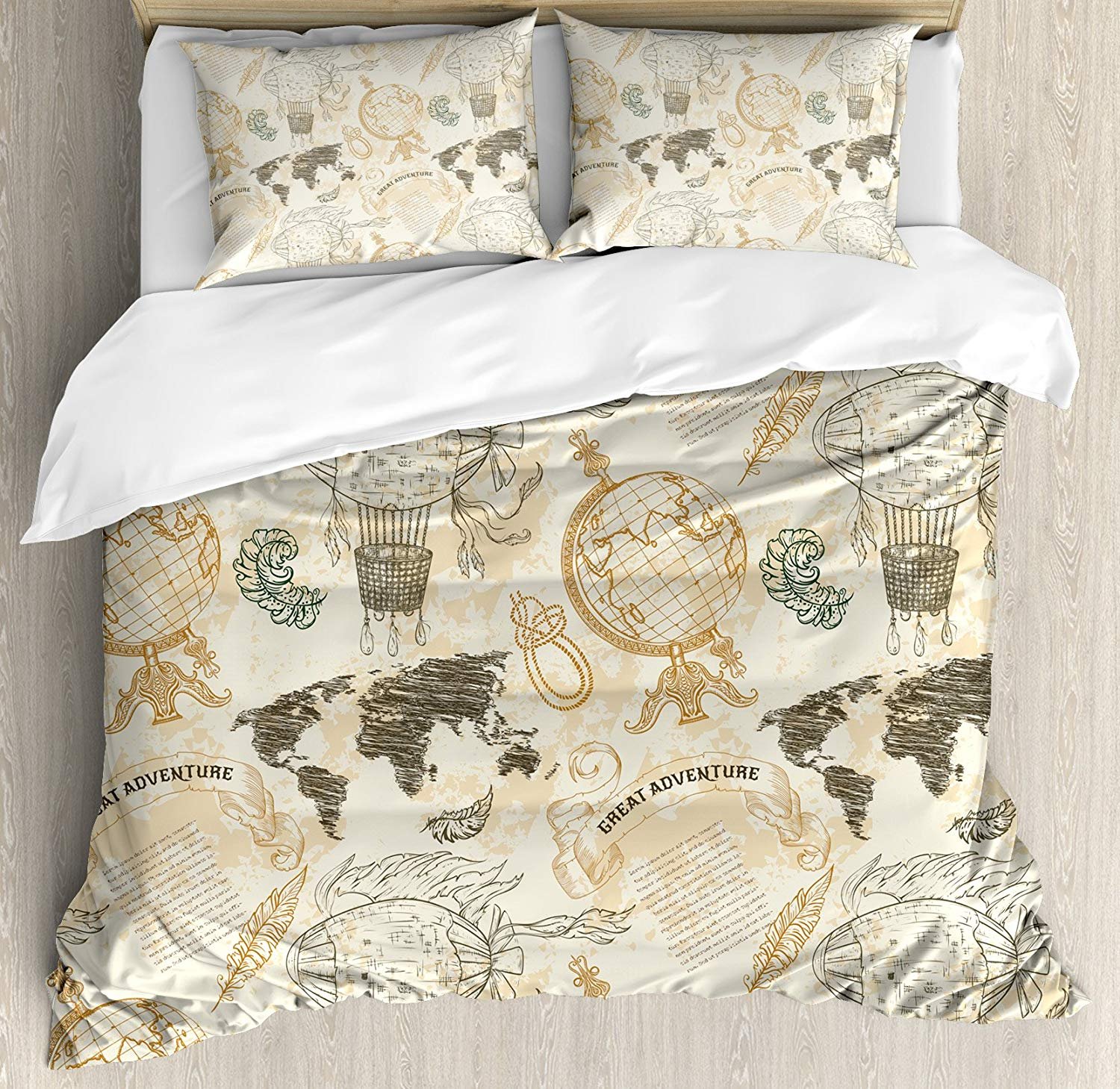 **Wanderlust Decor 3-Piece Twin Size Bedding Set - Vintage World Map & Airship Duvet Cover with 2 Pillow Shams - Perfect for Travel-Themed Bedrooms, Kids' Rooms, and Adventure Lovers**