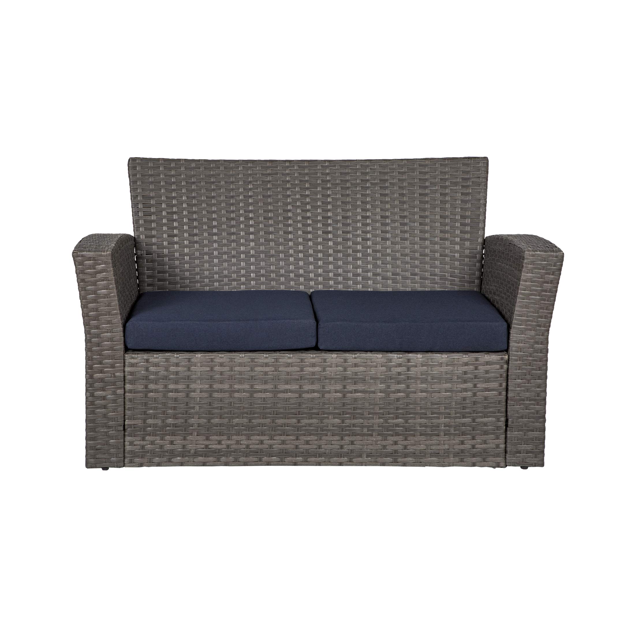 WO Home Furniture 4-Piece Patio Conversation Set - Gray Rattan Wicker Sofa, Chairs & Coffee Table with Navy Blue Pillow Cushions | Outdoor Garden Furniture for Backyard, Poolside & Terrace Relaxation