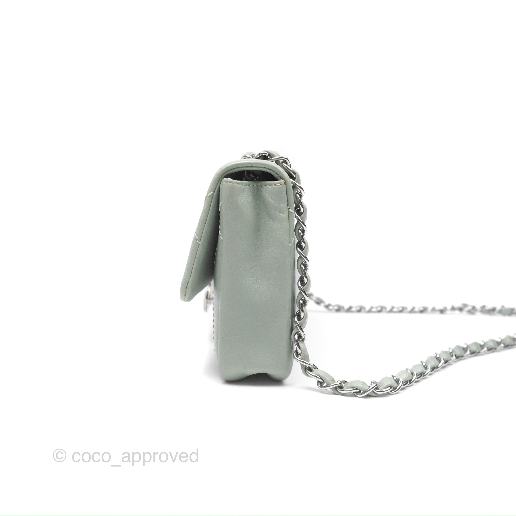Chanel CC East West Flap Bag Genuine Lambskin Leather Mint Green with Silver Hardware - Luxury Crossbody Purse for Women, Perfect for Date Night & Special Occasions
