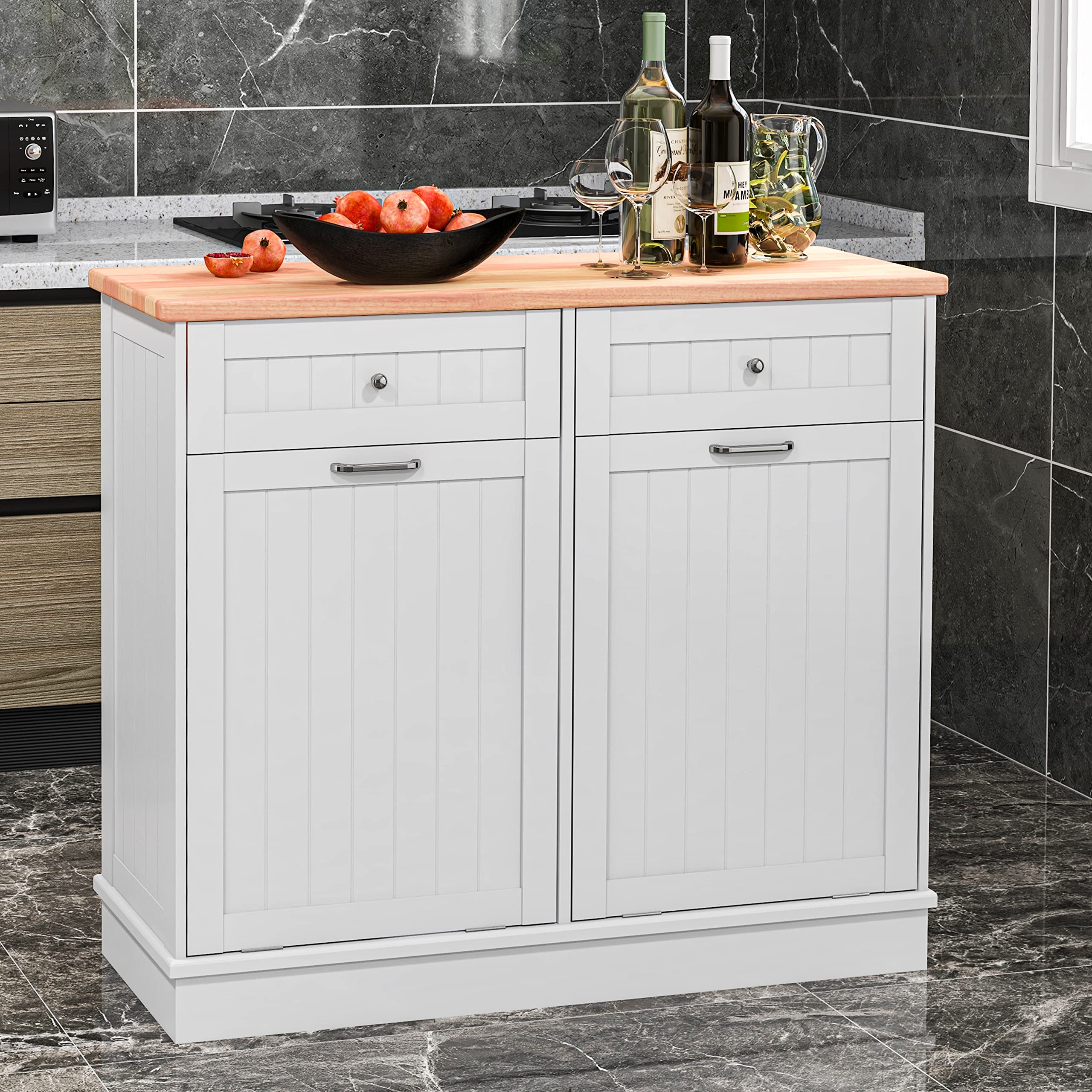 10 Gallon Double Tilt Out Trash Cabinet - Free Standing Recycling Bin for Kitchen, Living Room & Dining Room - Farmhouse Style White Trash Can with Storage - Perfect for Waste Sorting & Home Organization