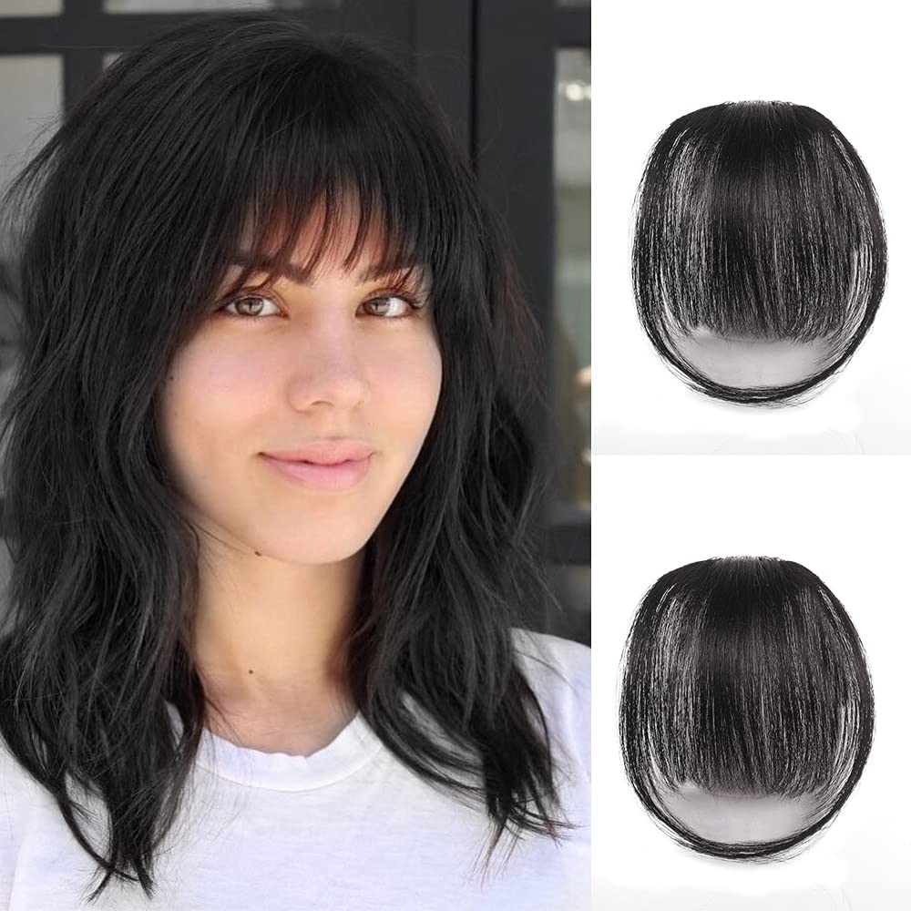 VIKIJO Clip-In Bangs for Women - Natural Black Human Hair Fringe with Wispy Temple Bangs | Easy Clip-On Air Bangs Hairpiece for Instant Volume & Style | Perfect for Daily Wear, Cosplay & Special Occasions