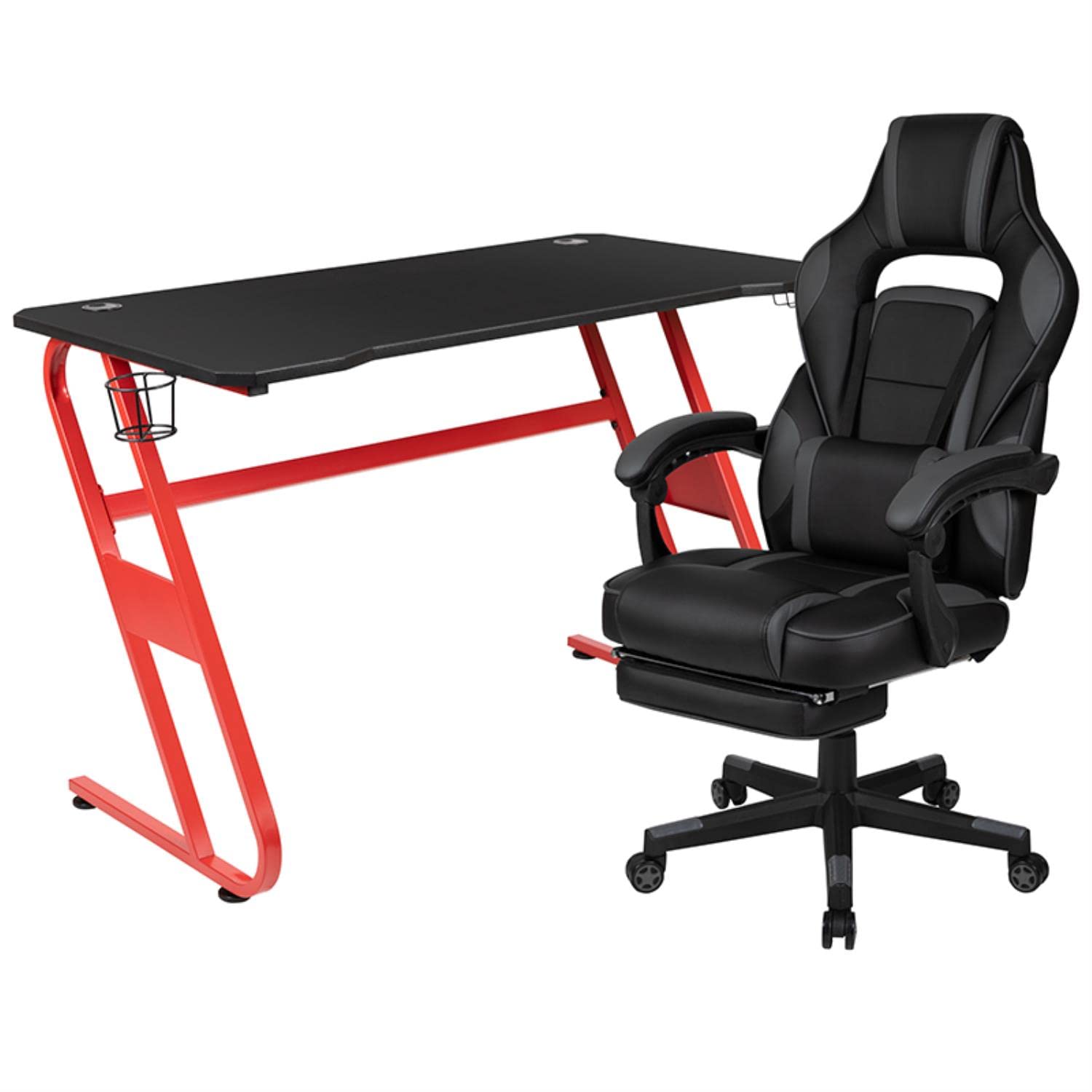 Flash Furniture Red Gaming Desk with Cup Holder & Headphone Hook - Black Reclining Gaming Chair with Footrest - Perfect for Esports, Streaming & Home Office Setup