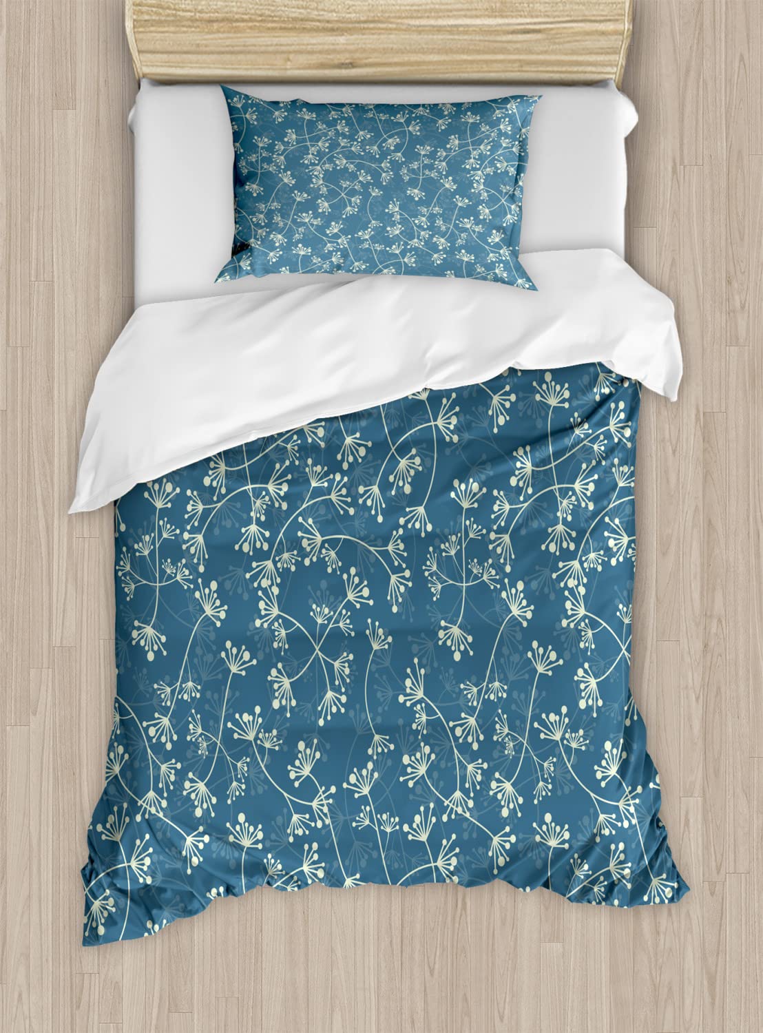 Ambesonne Floral Duvet Cover Set - Nature Inspired Twiggy Plants & Petals Spring Design, 2-Piece Twin Size Bedding Set with 2 Duvet Covers & 2 Pillowcases in Pale Green & Slate Blue - Perfect for Spring Bedroom Decor, Guest Room & Cozy Home Styling
