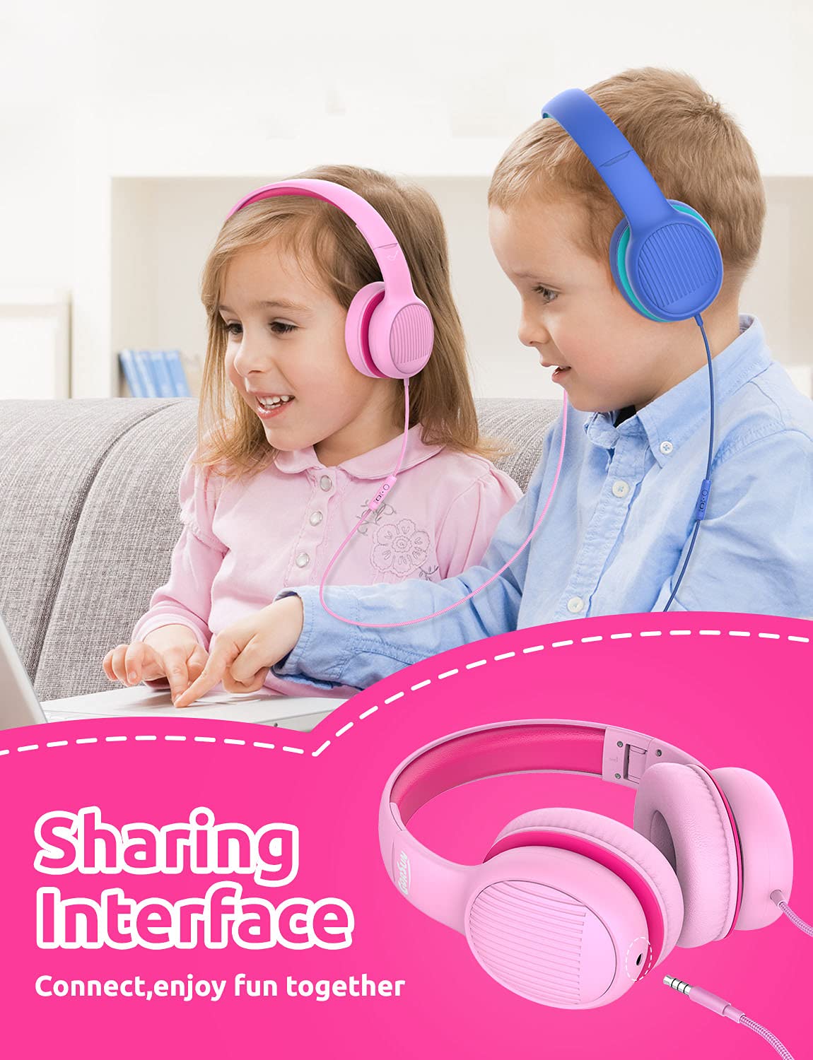 Gorsun Wired Kids Headphones with Volume Limiter (85dB/94dB) - 3.5mm Corded Toddler Headset with HD Mic, Audio Sharing & Foldable Design - Perfect for School, Travel & Online Learning (Pink)