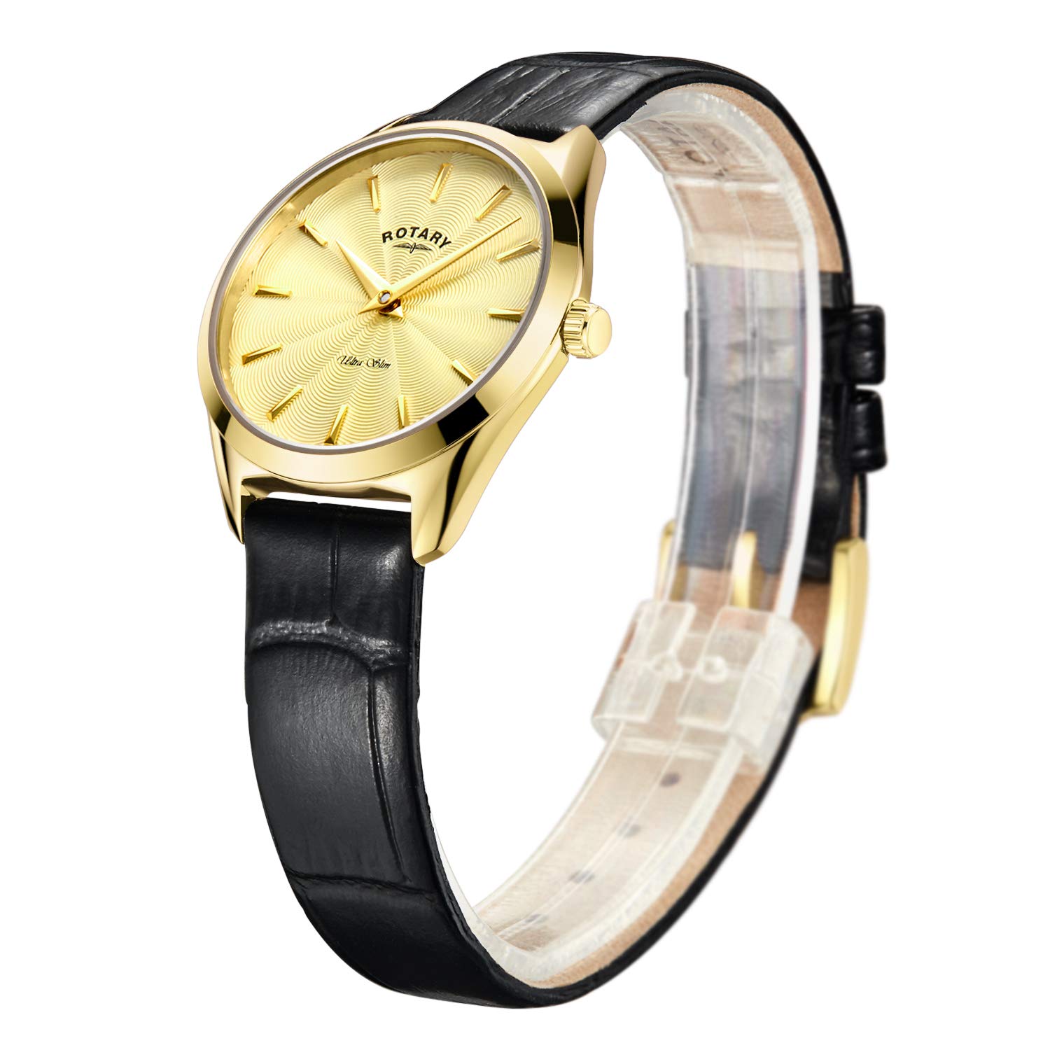 Rotary Women's Ultra Slim Watch with Black Leather Strap LS08013/03 (Gold & Gold) - Elegant Dress Watch for Business, Office & Formal Occasions