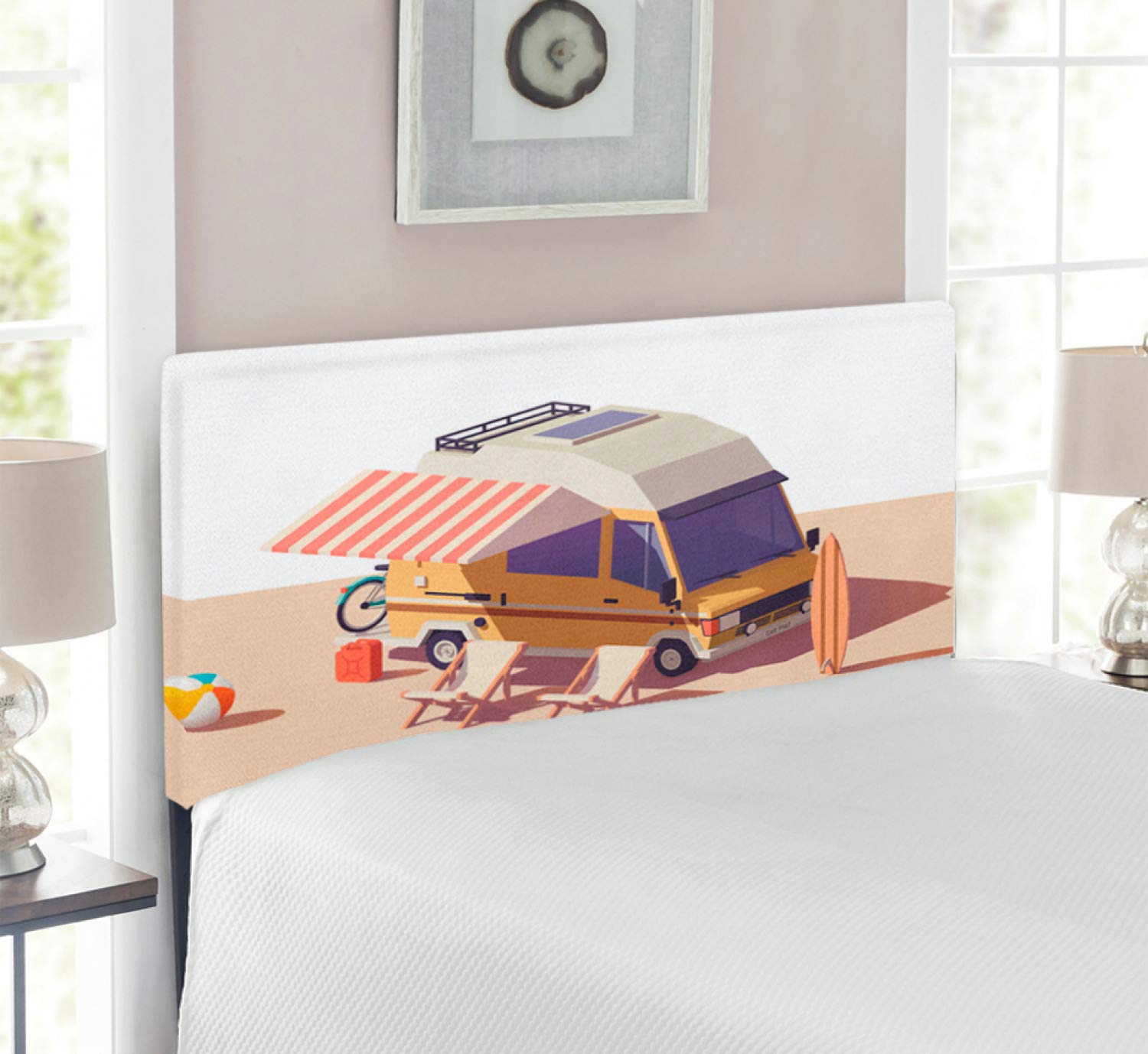 Ambesonne RV Headboard - Classic Station RV Camper Van Decor with 2 Chairs & Surfboard Design | Upholstered Metal Bed Headboard with Memory Foam | Twin Size Multicolor | Perfect for RV, Camper Van & Travel Trailer Bedroom Decor