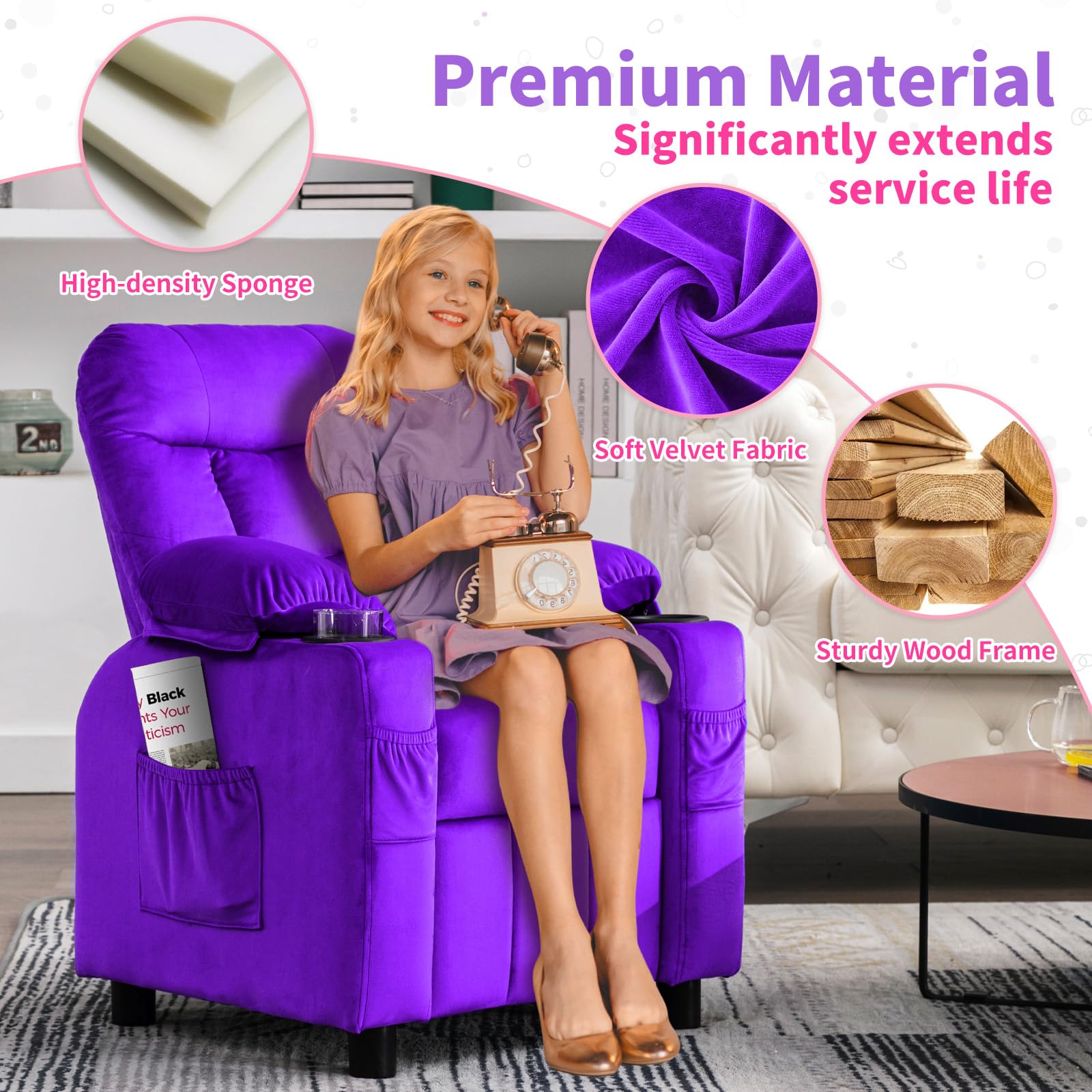 **Kids Recliner Chair with Cup Holder & Footrest - Adjustable Velvet Lounge Chair for Toddlers & Children - Ergonomic Design with Side Pockets - Soft Purple Sofa for Boys & Girls Bedroom, Playroom, or TV Room**