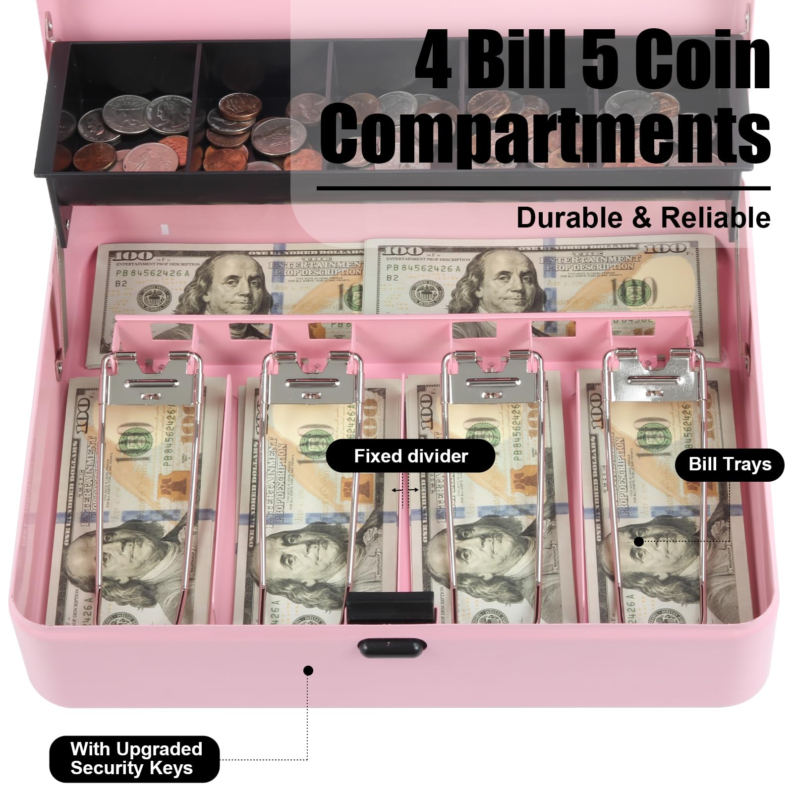 Metal Cash Box with Tray & Key Lock - Durable Money Safe with 4 Bill & 5 Coin Slots, Cantilever Design - Large Size (Pink, Top-Key) - Perfect for Retail Stores, Restaurants, and Home Savings Organization