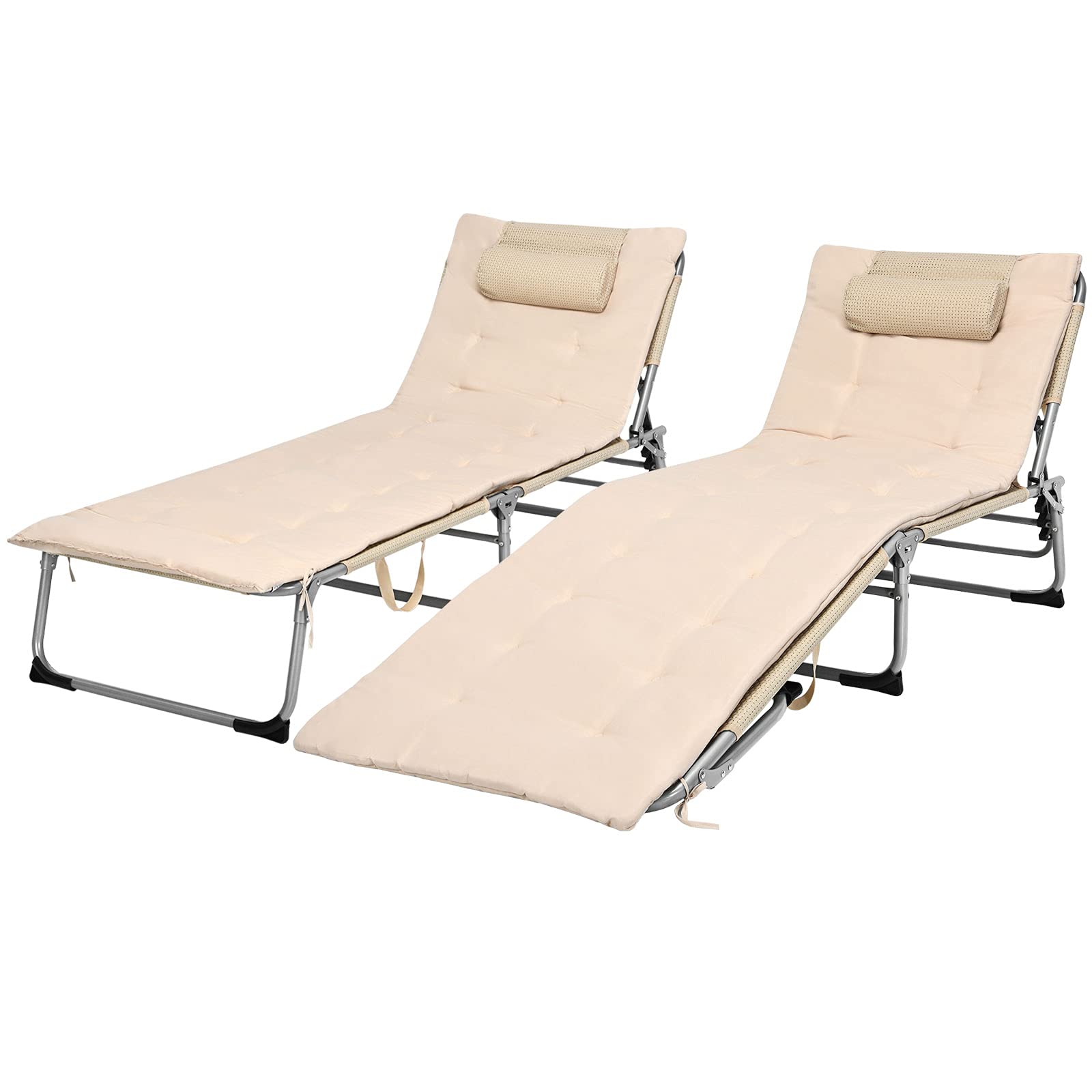Giantex Adjustable Folding Chaise Lounge Chair with Mattress & Pillow - 4 Reclining Positions, Side Pocket - Perfect for Beach, Pool, Patio, Lawn, Deck & Camping (Beige, 2-Pack) - Ideal for Sunbathing, Relaxing & Outdoor Leisure
