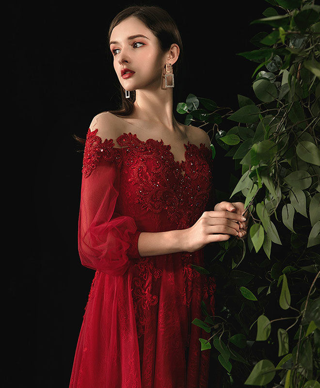 Elegant Burgundy Round Neck Tulle Lace Prom Dress | Formal Evening Gown for Homecoming, Wedding & Special Occasions