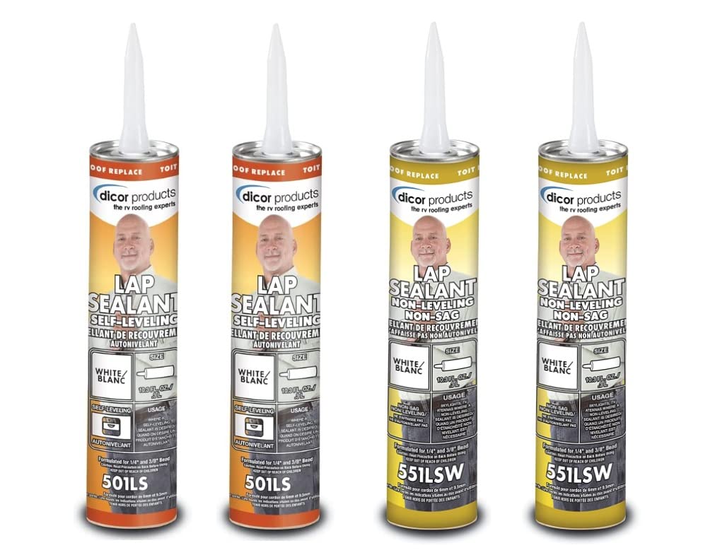Dicor 501LSW-1 & 551LSW-1 RV Roof Sealant Kit - 4 Tubes (2 Self-Leveling White & 2 Non-Sag White Lap Sealants) for RV, Camper, Trailer Roof Repair & Waterproofing