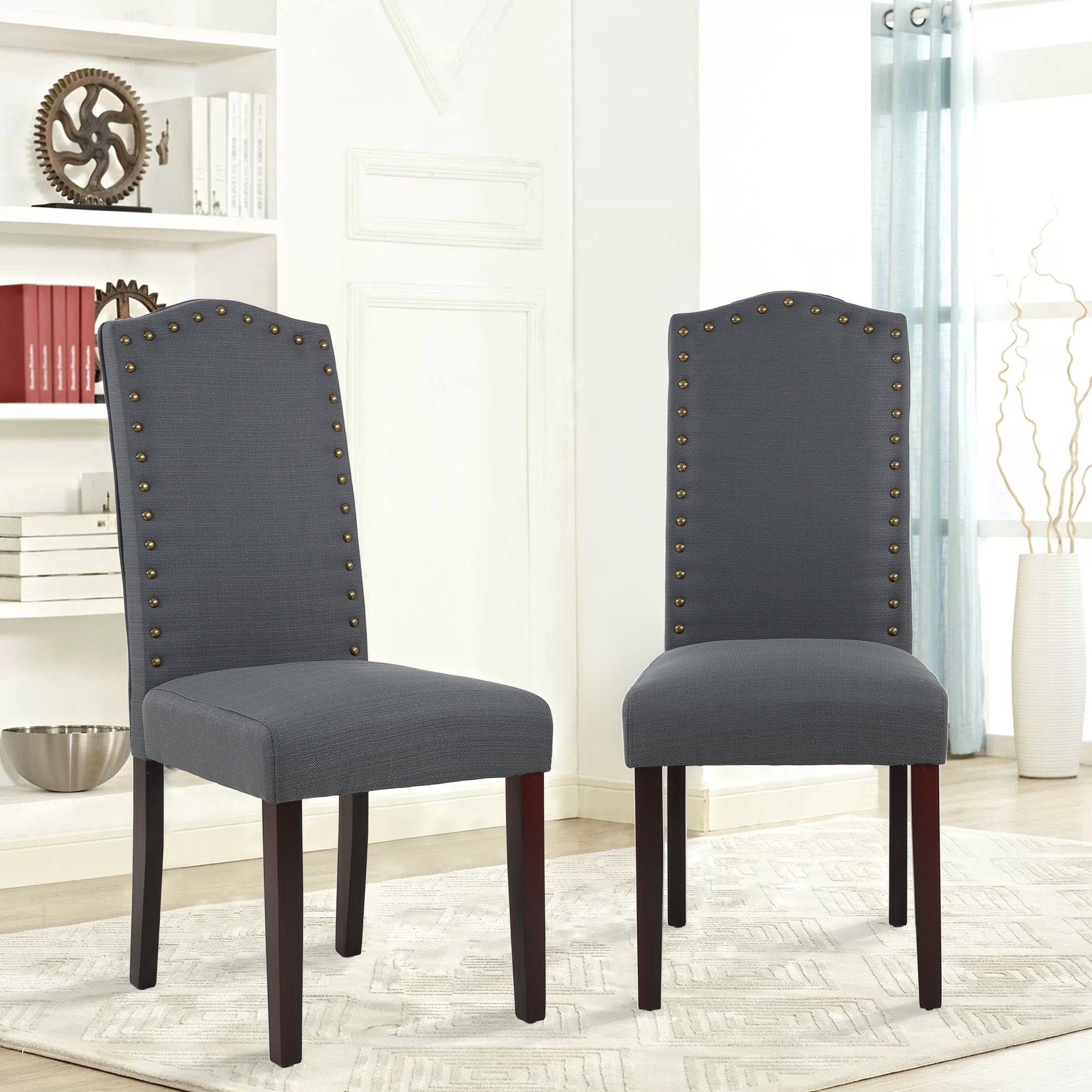 LSSBOUGHT Set of 2 Upholstered Parsons Dining Chairs - Dark Gray Fabric Kitchen Chairs with Solid Wood Frame & Nailhead Trim - Perfect for Dining Room, Kitchen, or Breakfast Nook