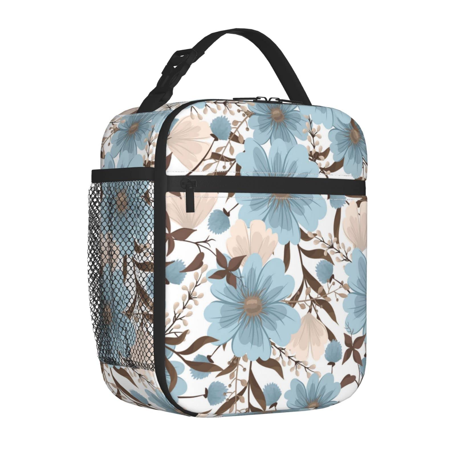 Insulated Lunch Bag with Blue Flowers - Reusable Cooler Lunch Box for Women & Men, Leak-Proof Tote with Side Pocket for School, Office, Travel, Picnic & Outdoor Activities