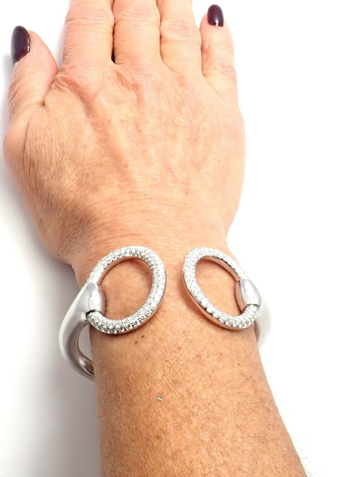 Authentic Hermes Nausicaa 18K White Gold Diamond Horsebit Cuff Bangle Bracelet - Luxury Jewelry for Women, Perfect for Weddings, Parties & Special Occasions